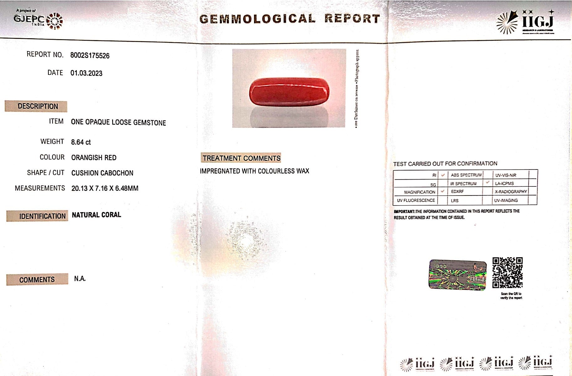 8.64/Carat Natural Cylindrical Red Coral (1800)