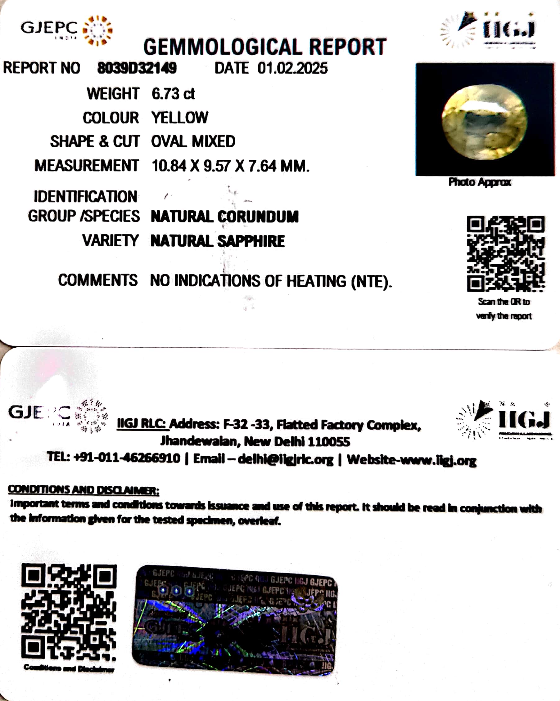 6.73/CT Natural Yellow Sapphire With Govt Lab Certificate - 8039D32149