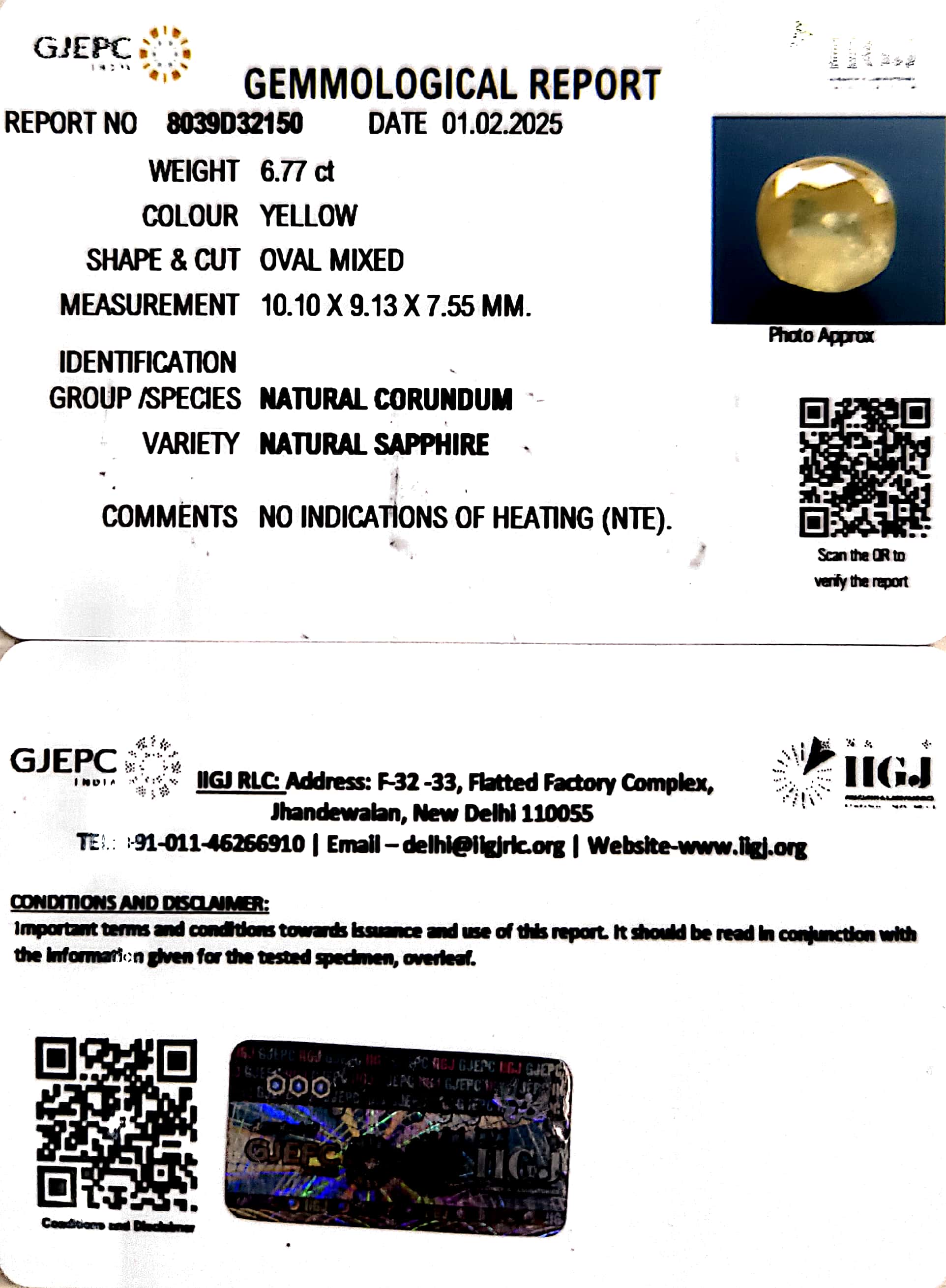 6.77/CT Natural Yellow Sapphire With Govt Lab Certificate