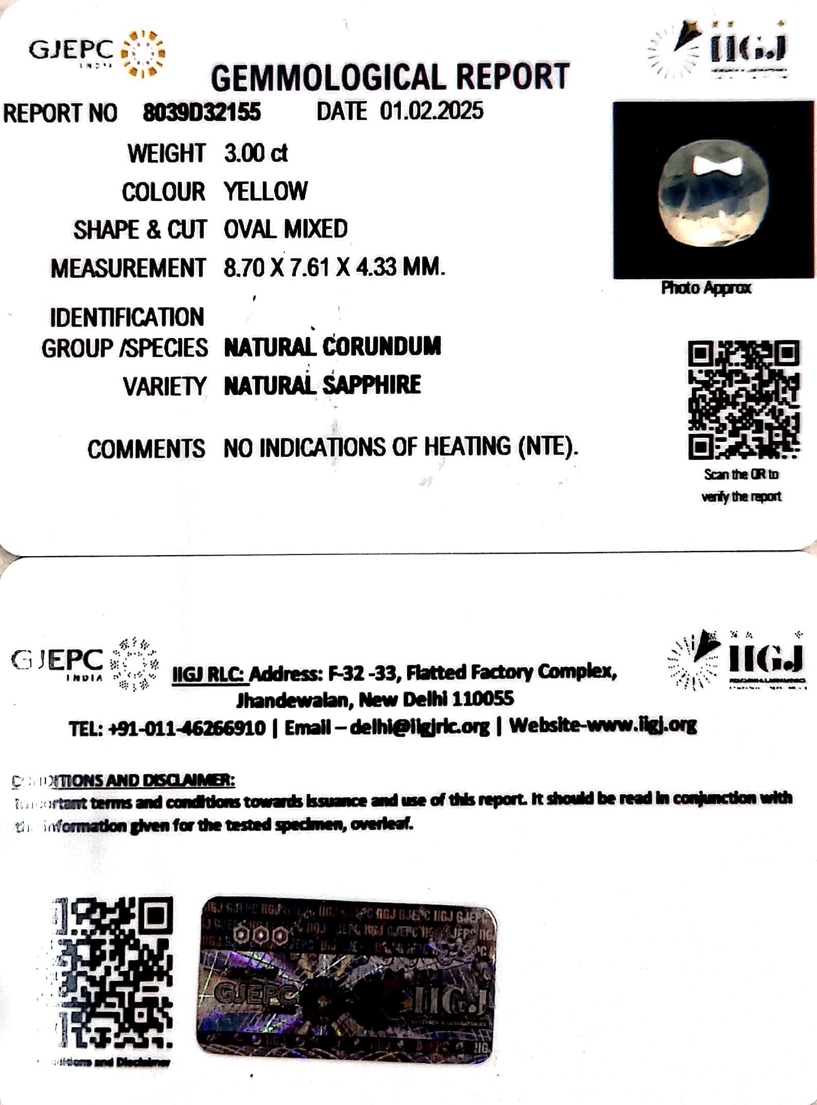 3.00/CT Natural Yellow Sapphire With Govt Lab Certificate