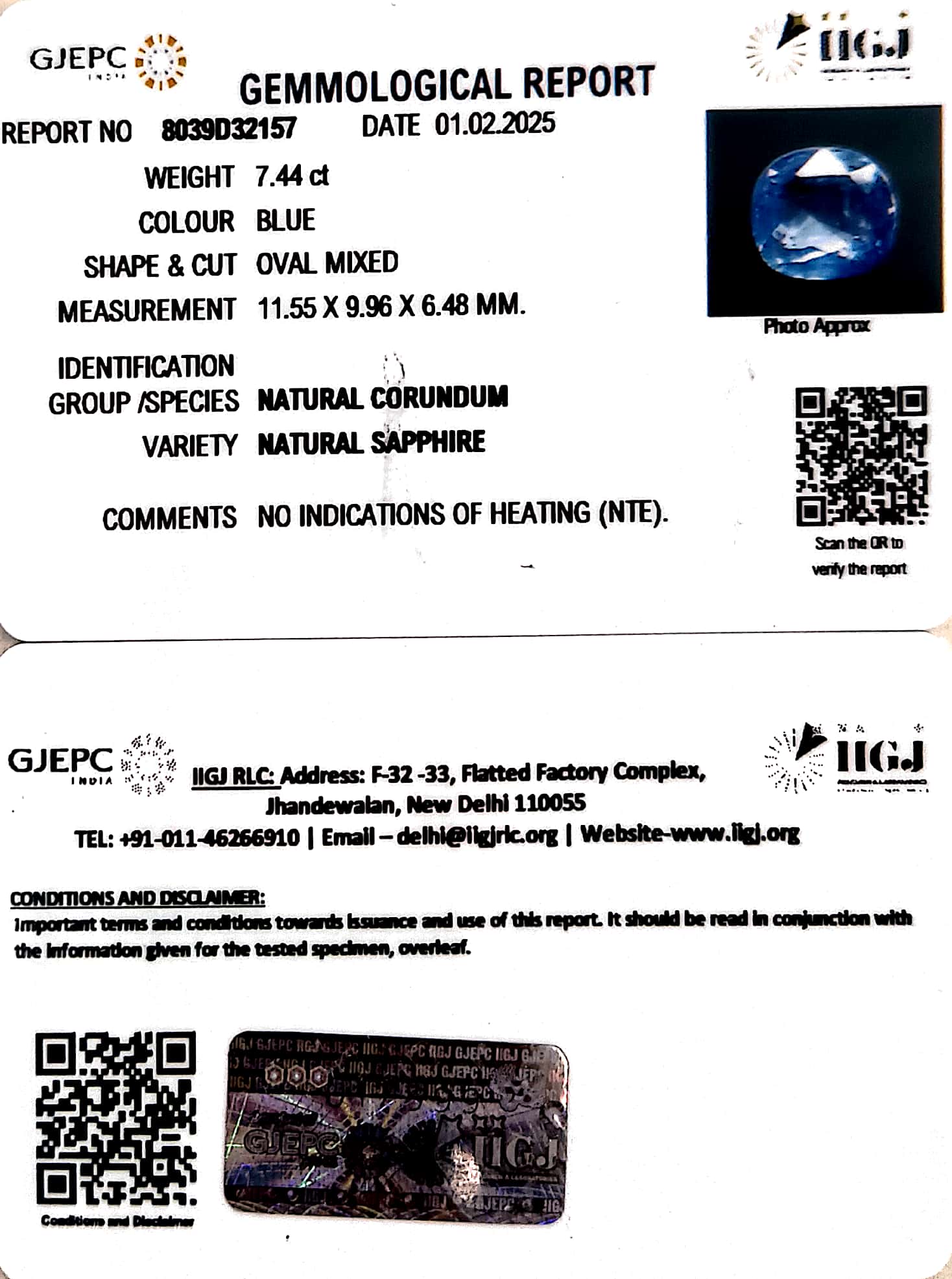7.44/CT Natural Blue Sapphire With Govt Lab Certificate