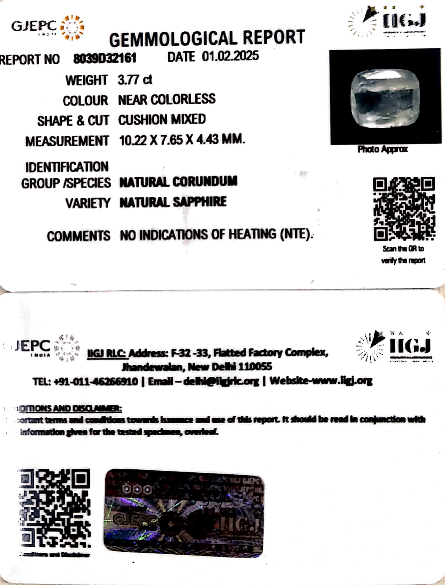 3.77/CT Natural White Sapphire with Govt Lab Certificate-8039D32161