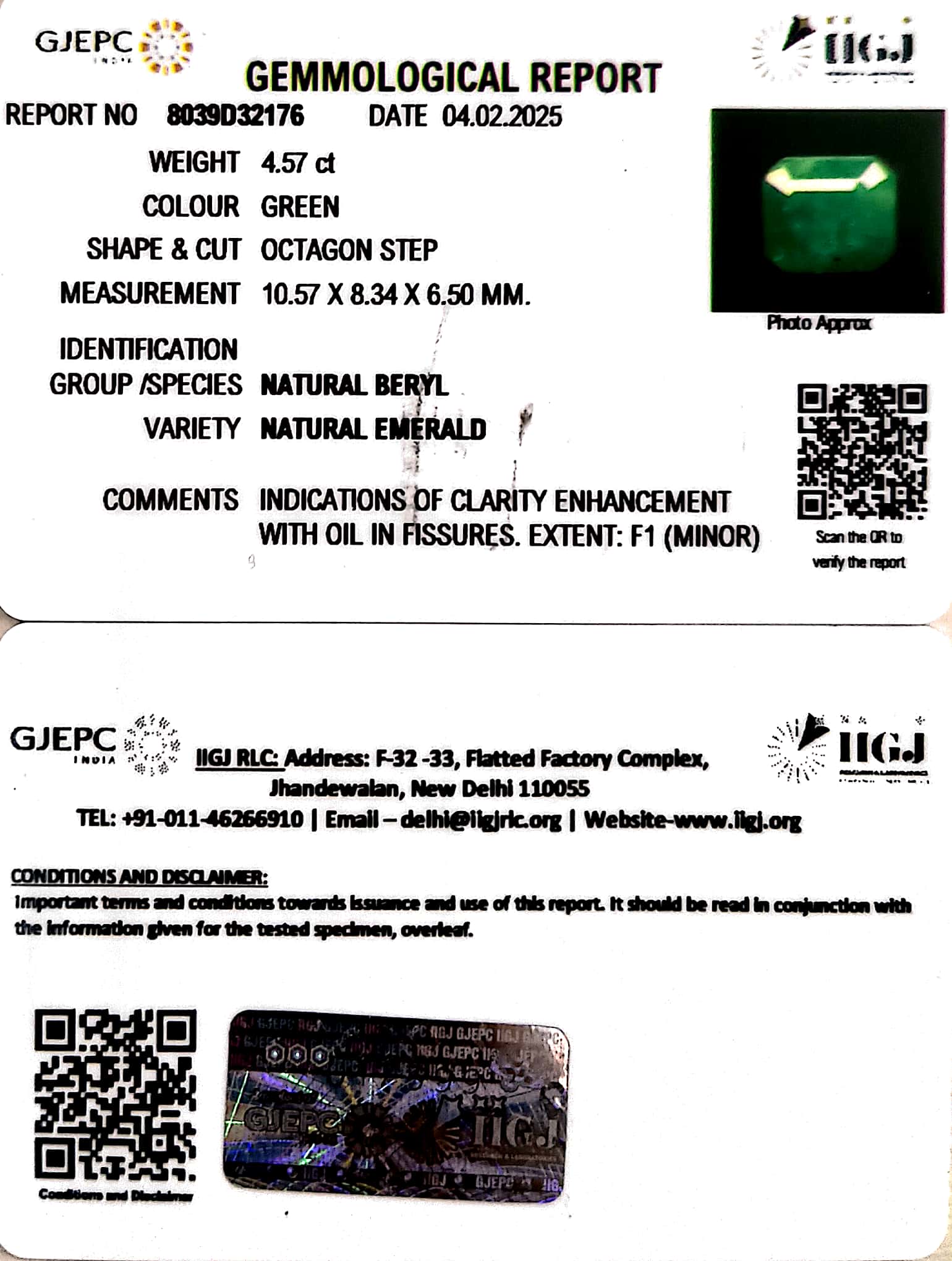4.57/CT Natural Panna Stone with Govt. Lab Certificate (6771)