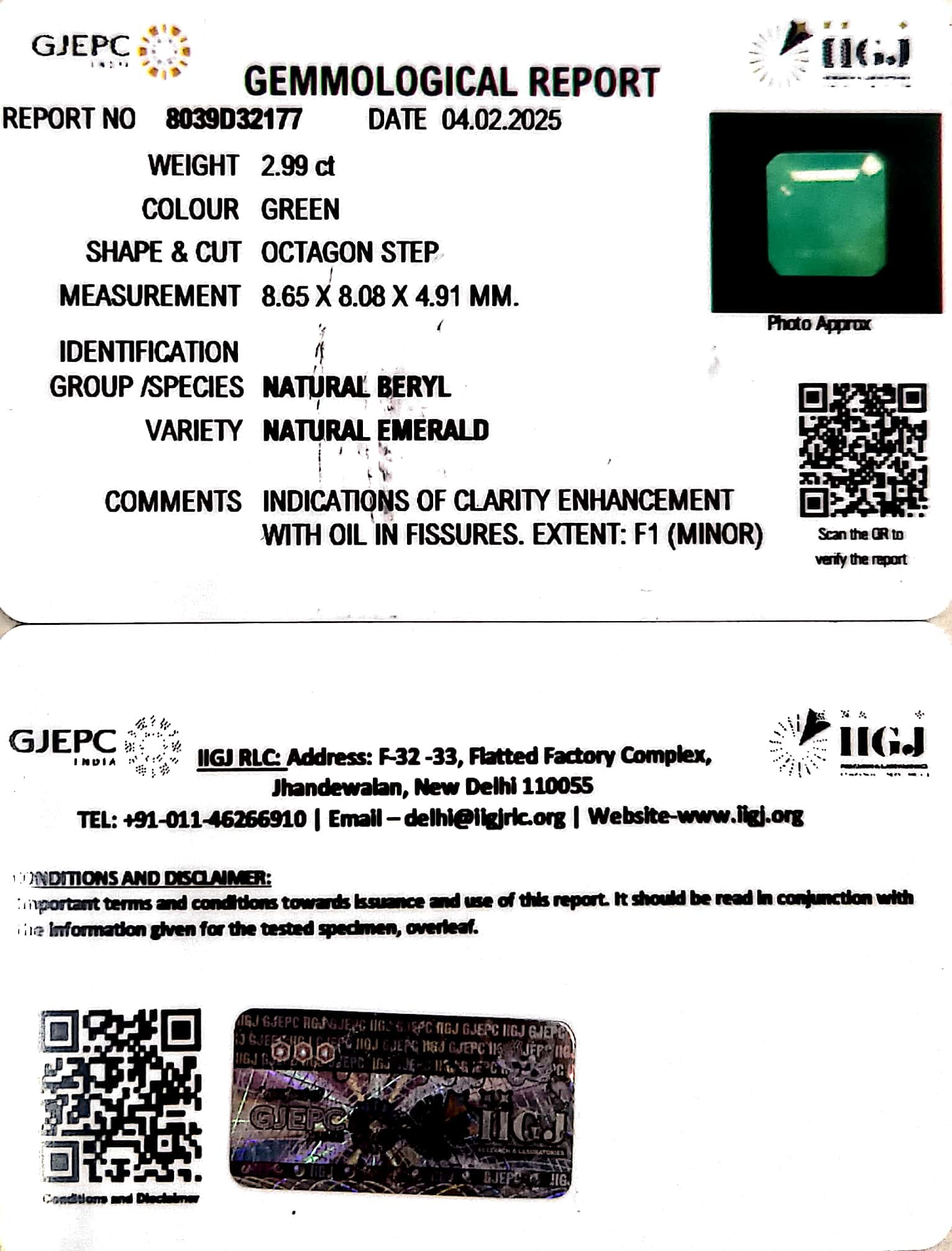 2.99/CT Natural Panna Stone with Govt. Lab Certificate (3441)