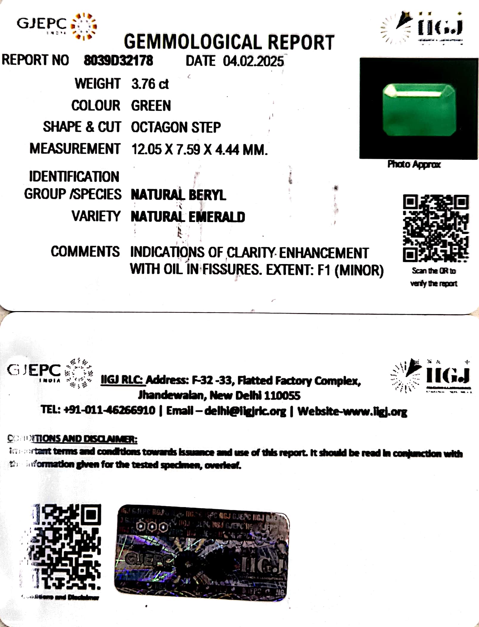 3.76/CT Natural Panna Stone with Govt. Lab Certificate (4551)