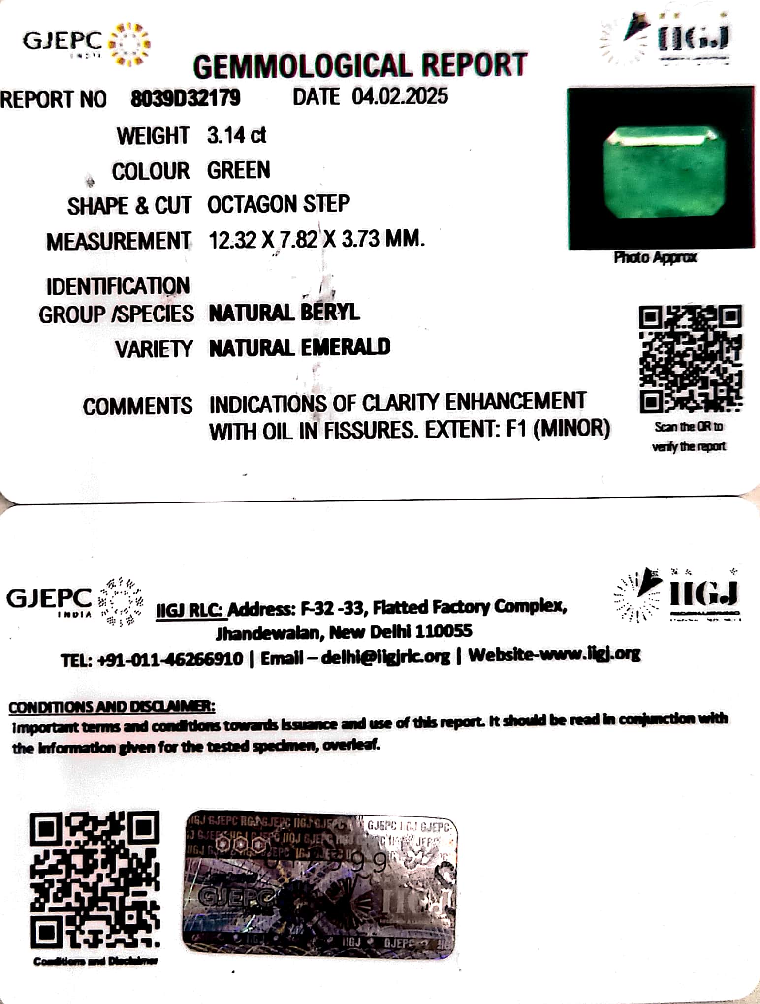 3.14/CT Natural Panna Stone with Govt. Lab Certificate (8039D32179)