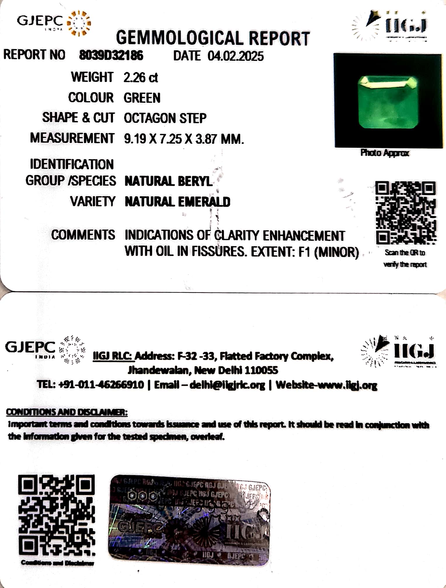 2.26/CT Natural Panna Stone with Govt. Lab Certificate-8039D32186