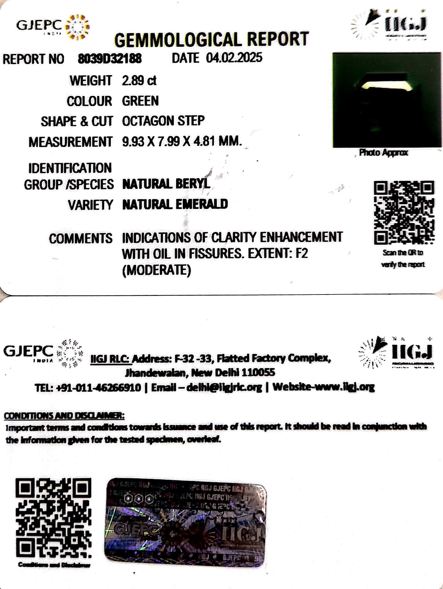 2.89/CT Natural Panna Stone with Govt. Lab Certificate