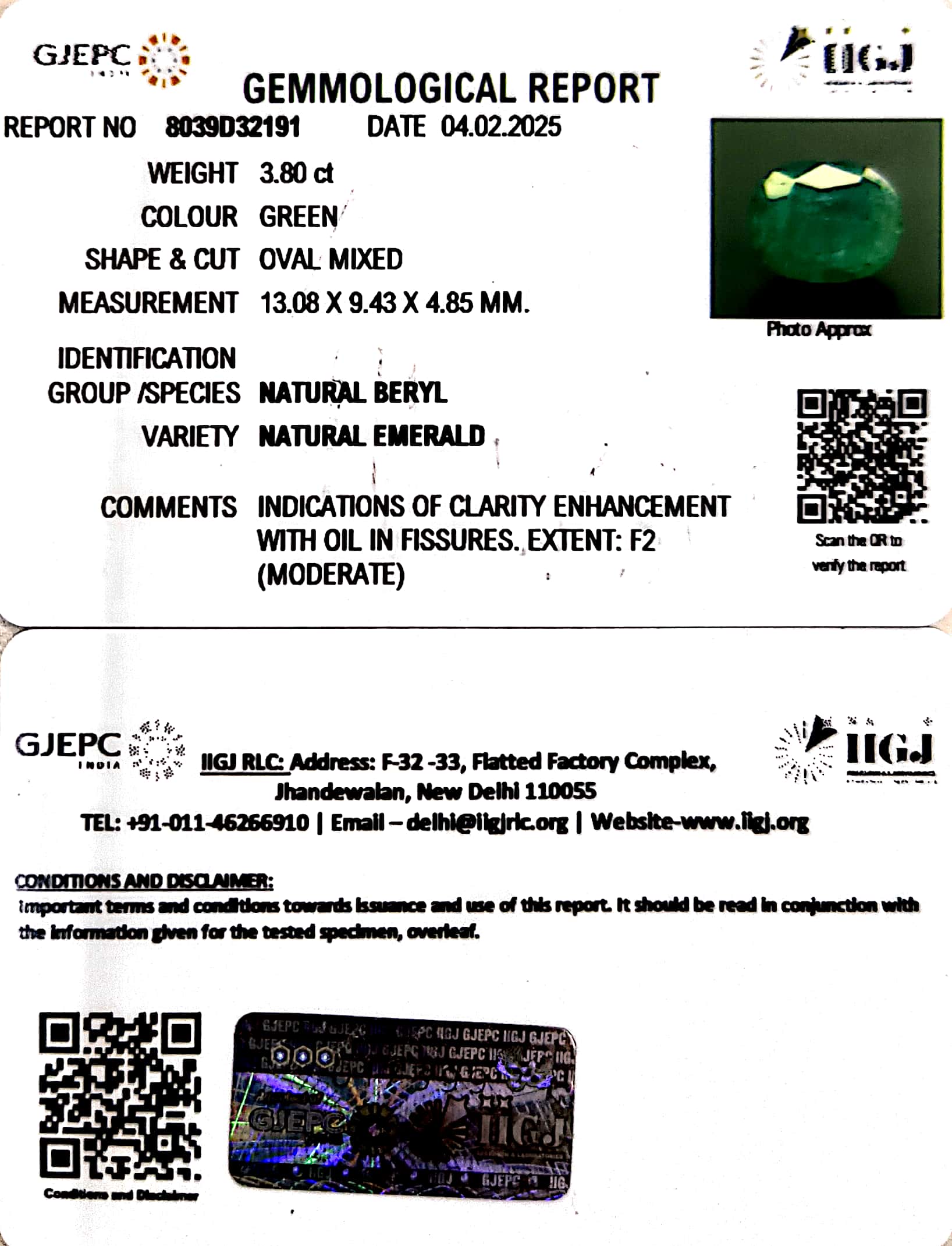 4.83/CT Natural Panna Stone with Govt. Lab Certificate (8039D32191)