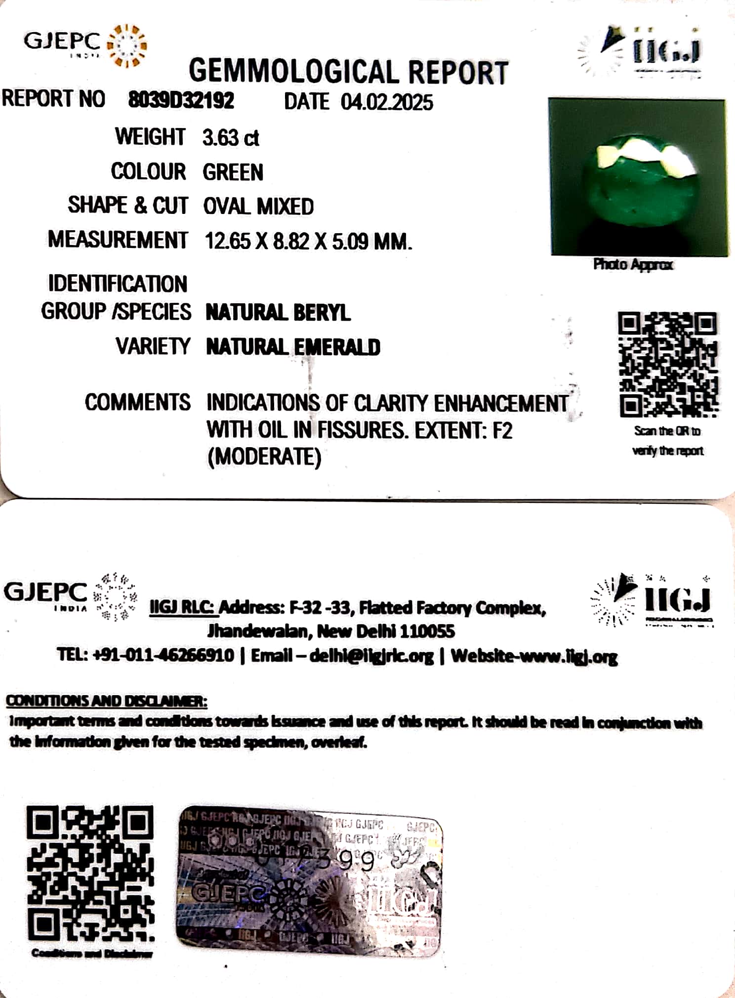 3.63/CT Natural Panna Stone with Govt. Lab Certificate (34410)