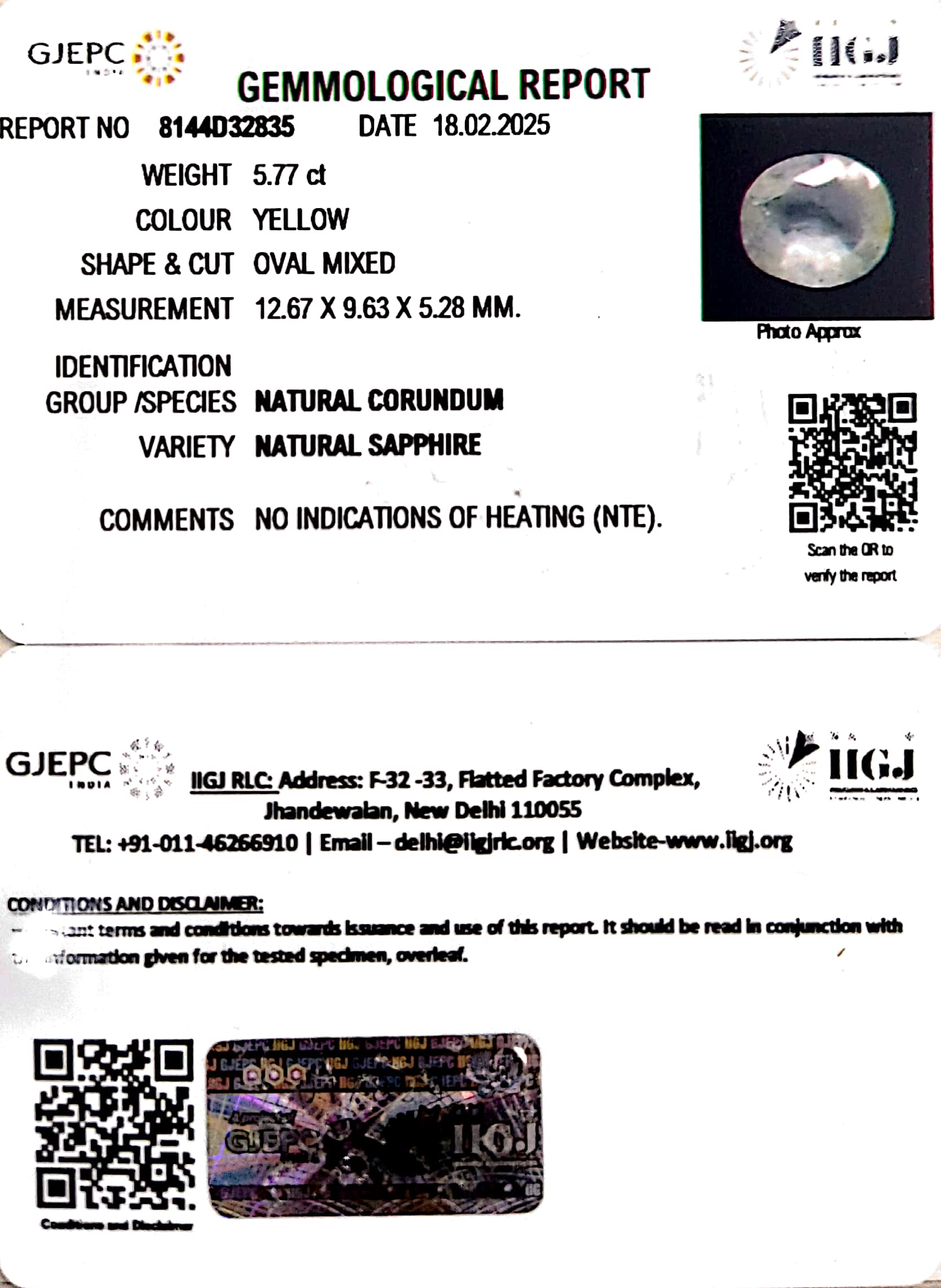 5.77/CT Natural Yellow Sapphire With Govt Lab Certificate