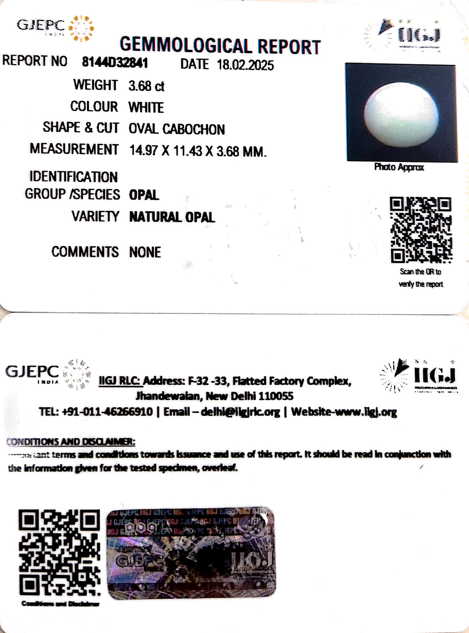 3.68/CT Natural Opal with Govt. Lab Certificate-8144D32841