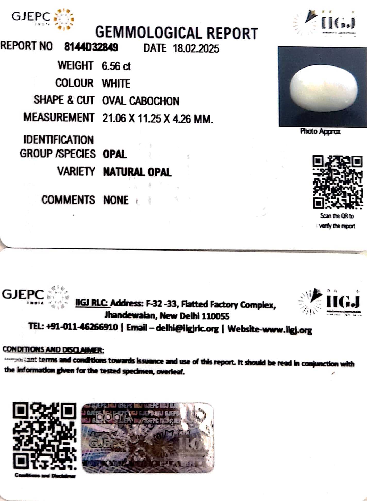 6.56/CT Natural Opal with Govt. Lab Certificate