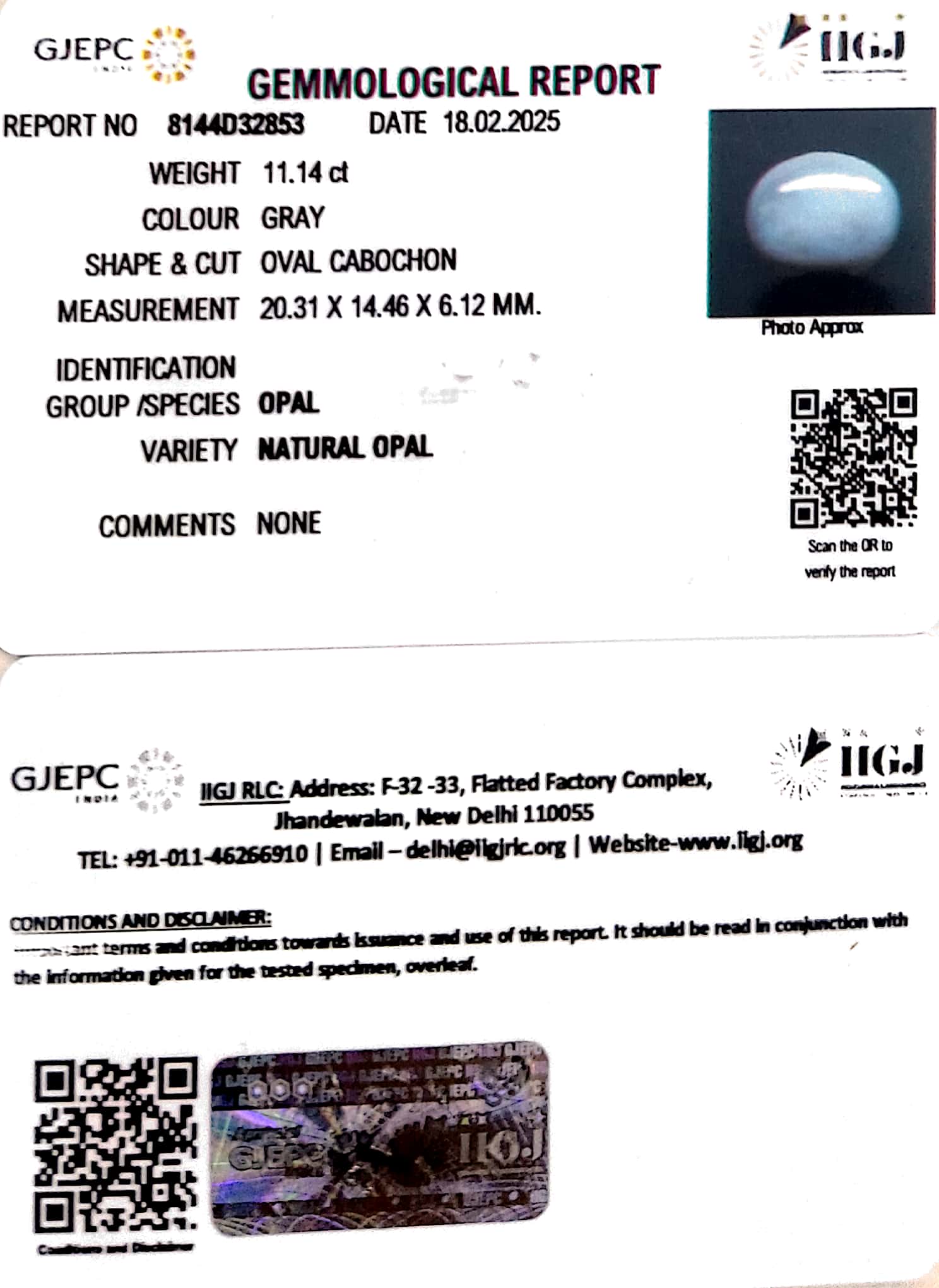 11.14/CT Natural Opal with Govt. Lab Certificate