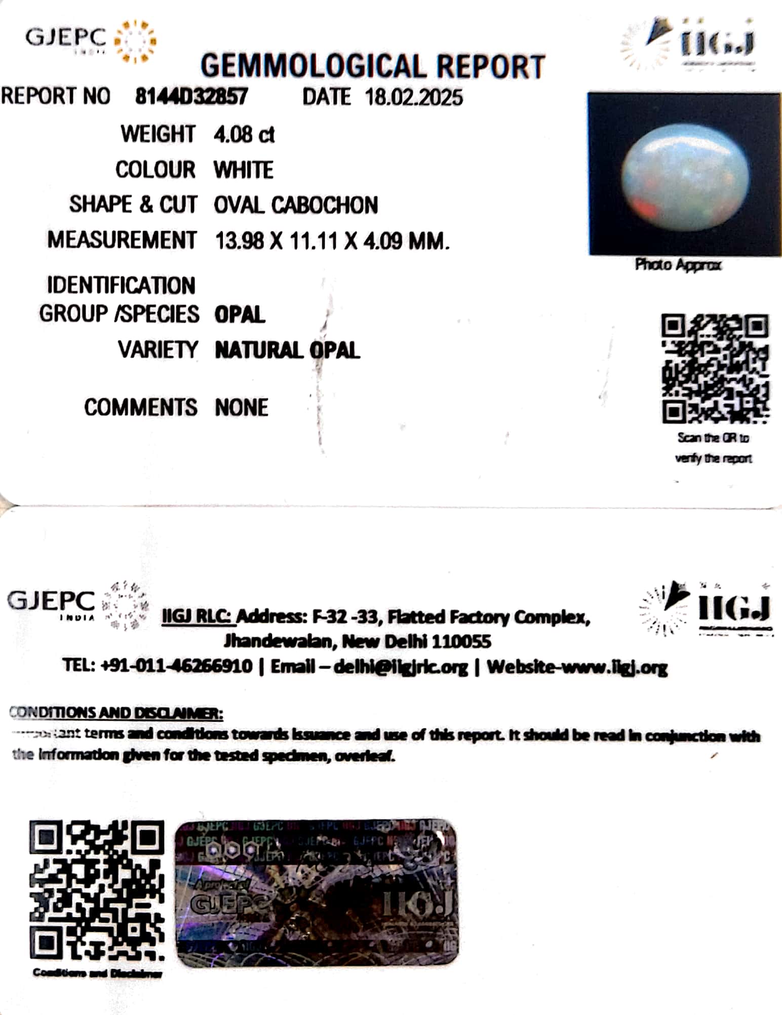 4.08/CT Certified Natural Opal Stone with Govt. Lab Certificate-8144D32857