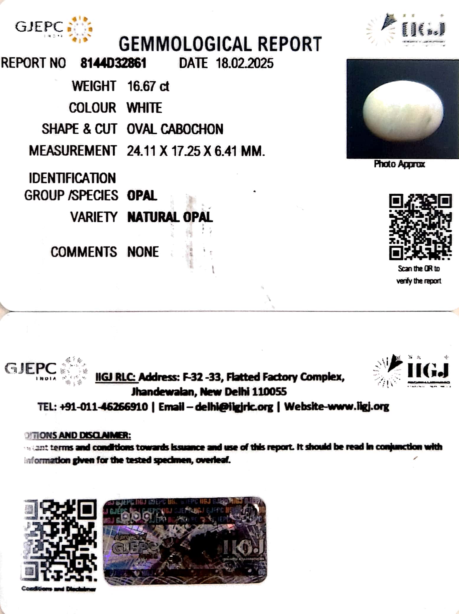 16.67/CT Natural Opal with Govt. Lab Certificate