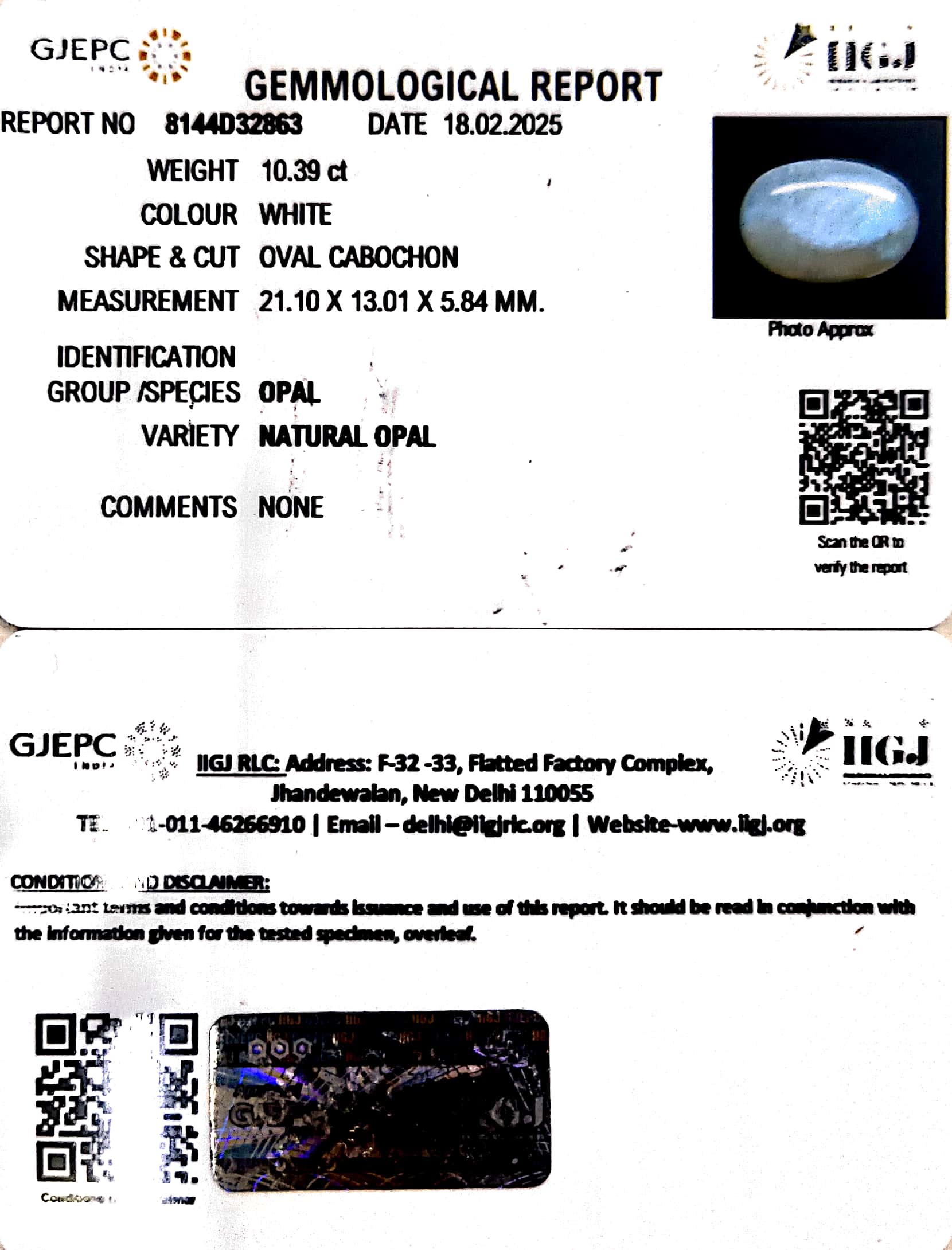 10.39/CT Natural Opal with Govt. Lab Certificate