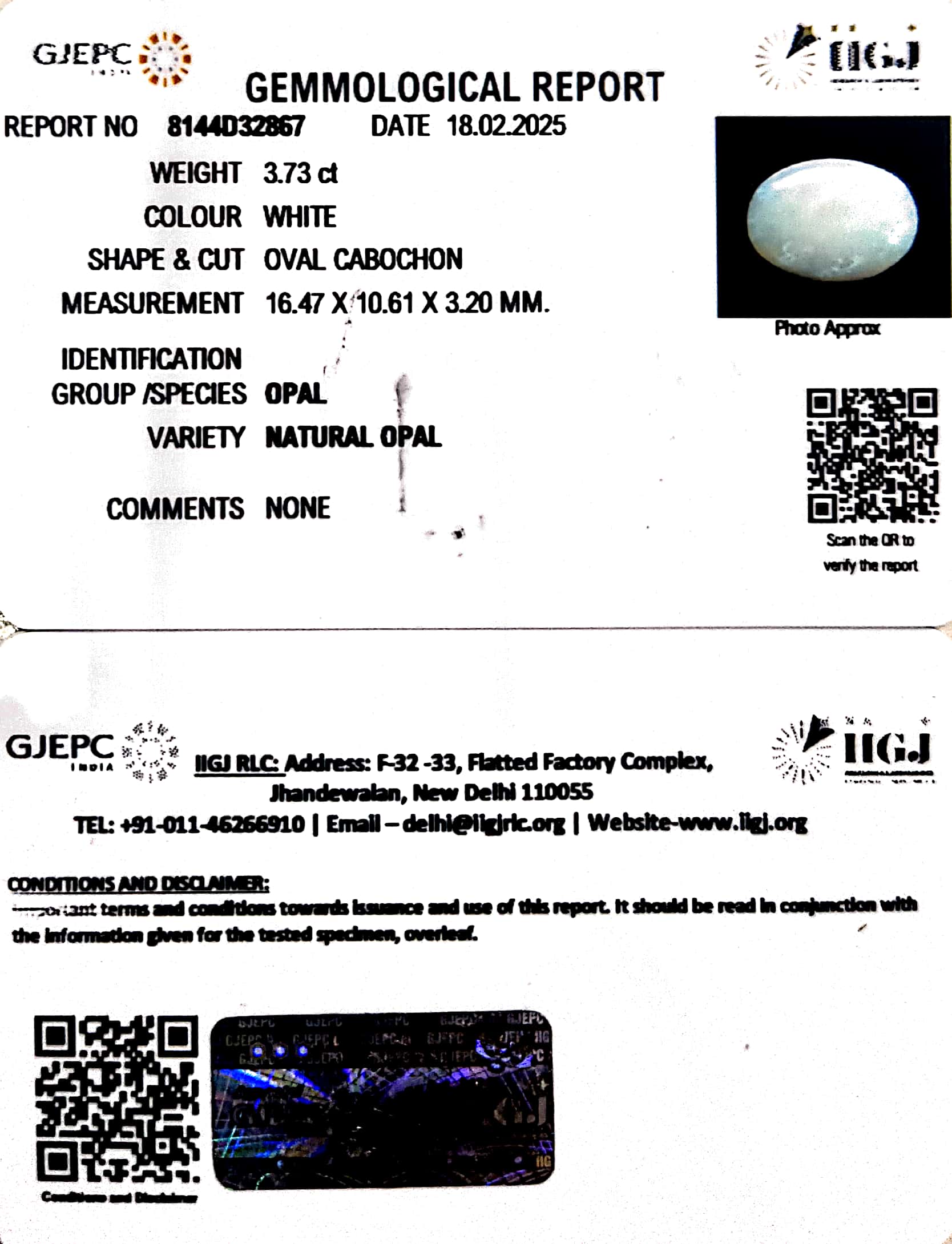 3.73/CT Natural Opal with Govt. Lab Certificate-8144D32867