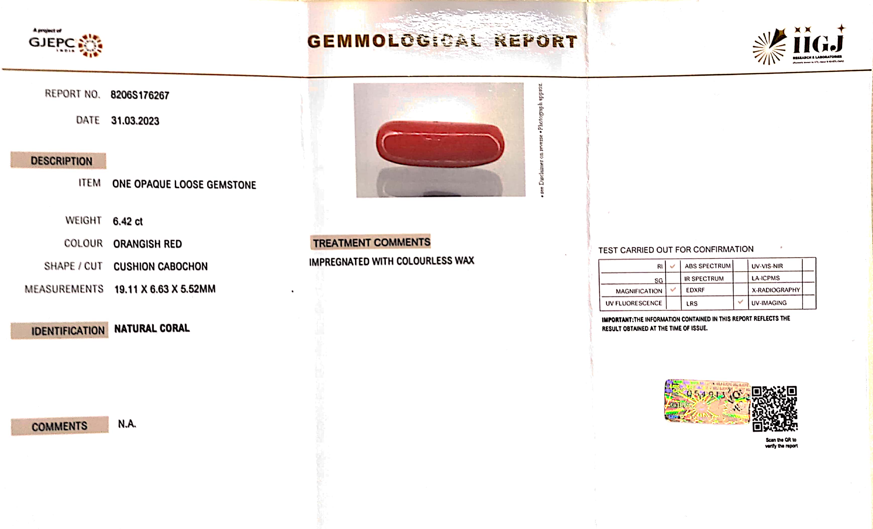 6.42/CT Natural Red Coral With Govt. Lab Certificate