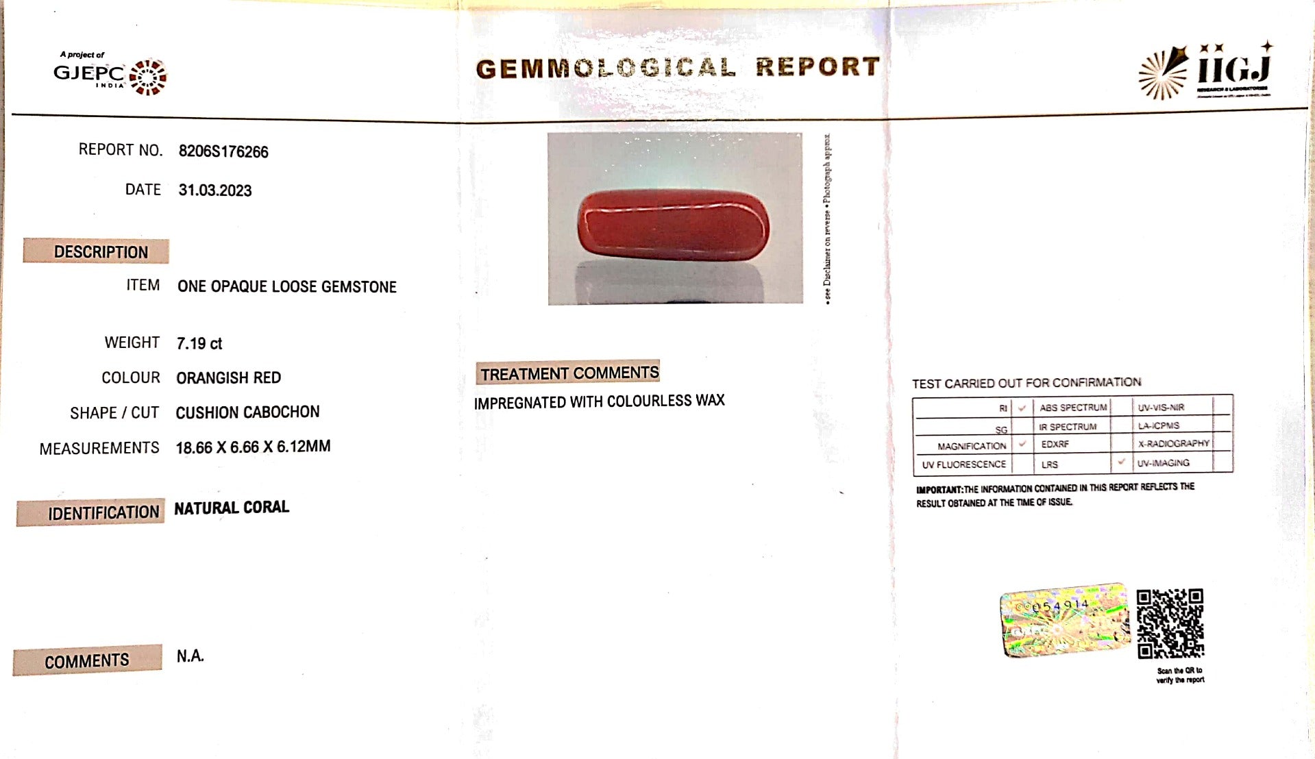 7.19/Carat Natural Cylindrical Red Coral (1800)