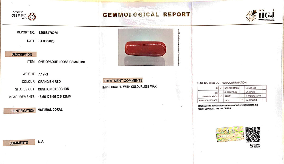 7.19/Carat Natural Cylindrical Red Coral (1800)