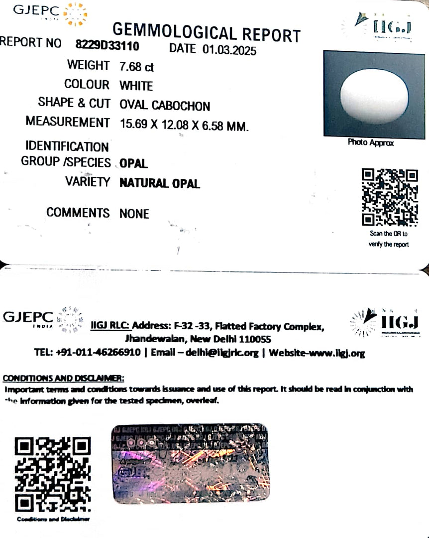 7.68/CT Natural Opal with Govt. Lab Certificate
