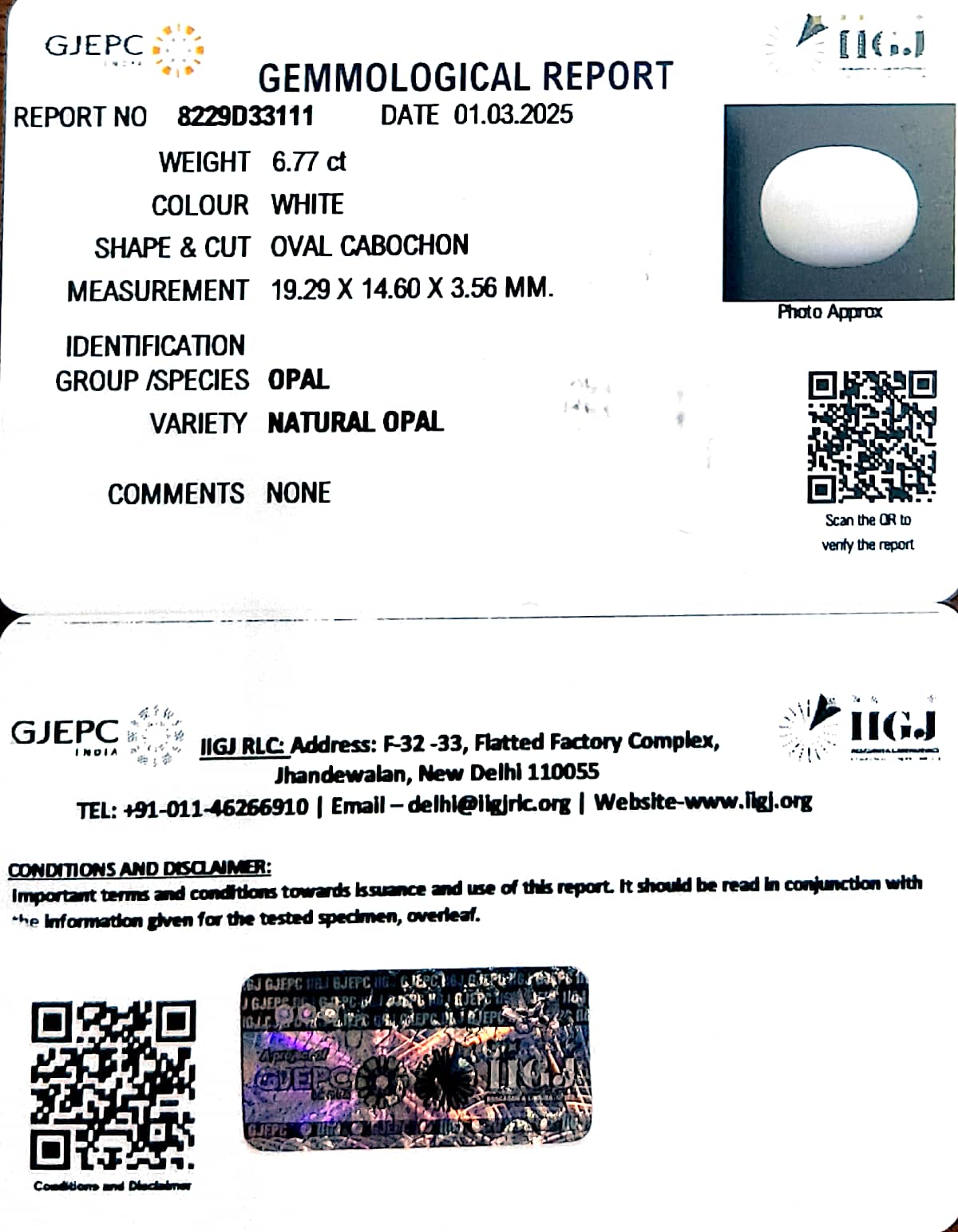6.77/CT Natural Opal with Govt. Lab Certificate
