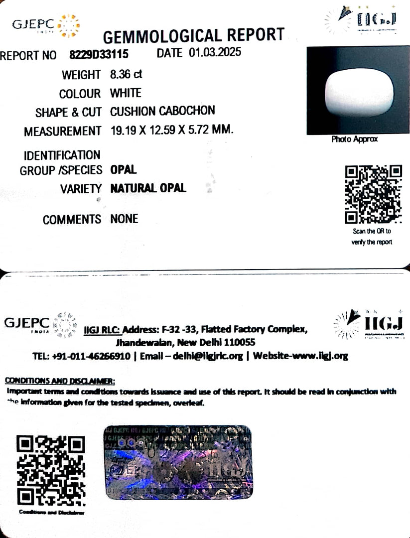 8.36/CT Natural Opal with Govt. Lab Certificate