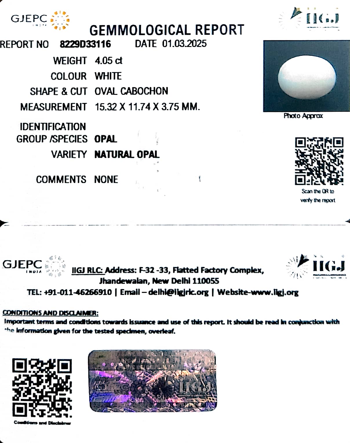 4.05/CT Natural Opal with Govt. Lab Certificate