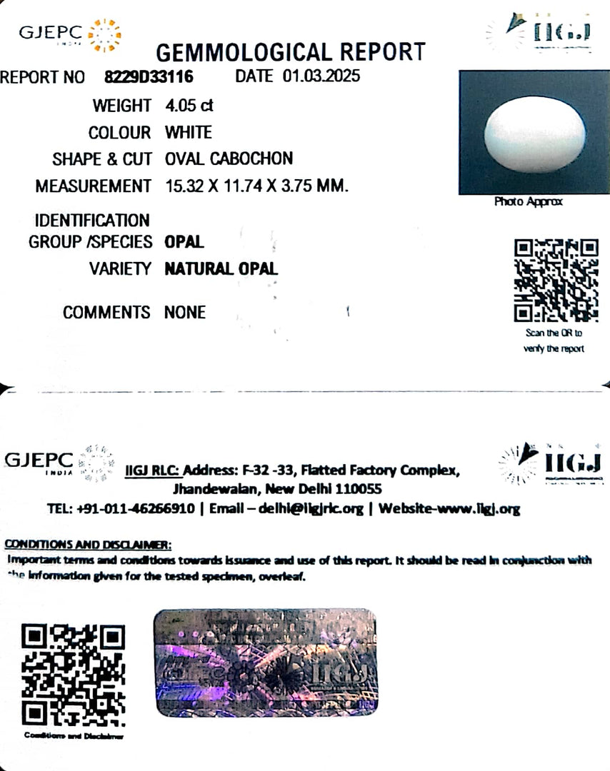 4.05/CT Natural Opal with Govt. Lab Certificate
