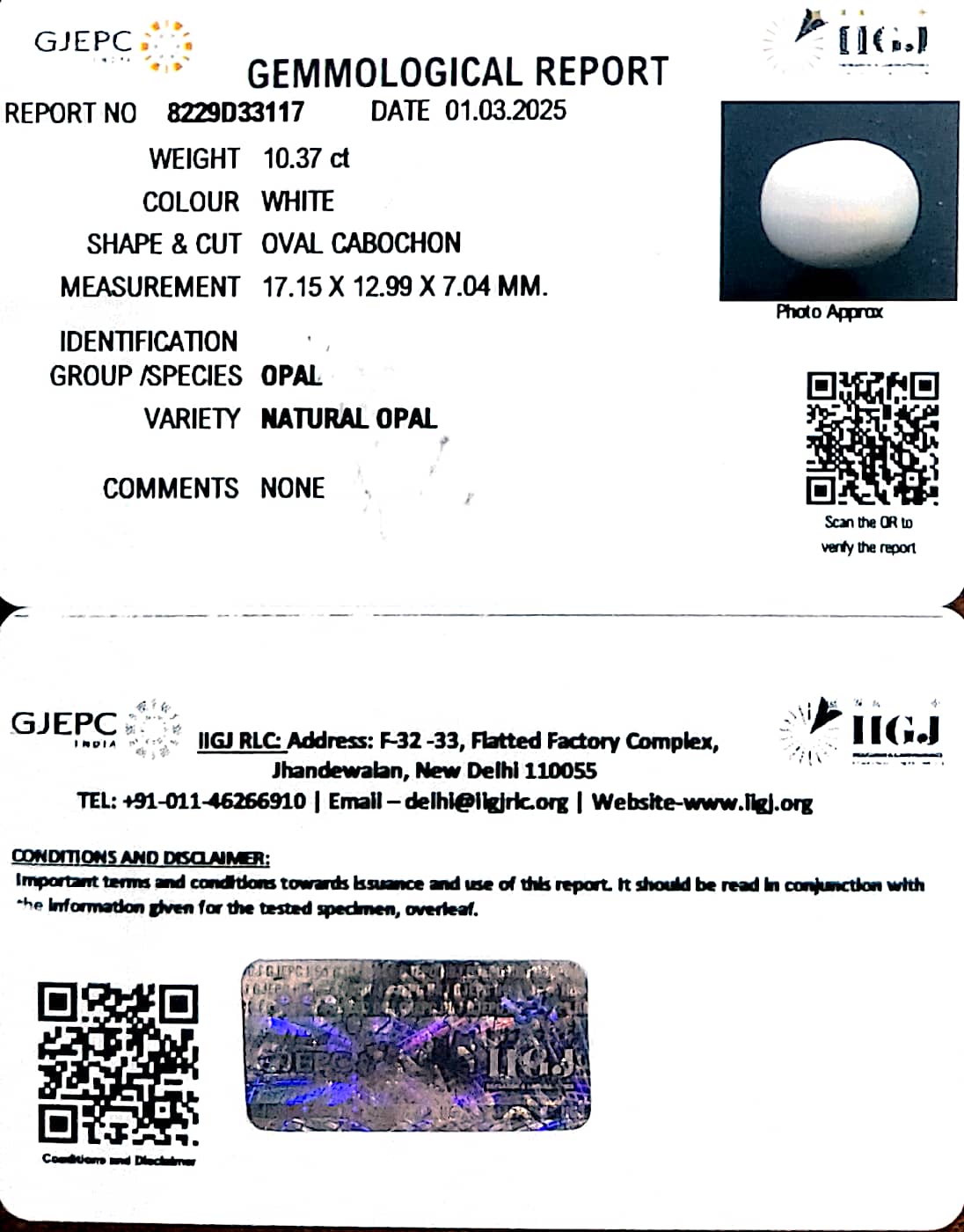 10.37/CT Natural Opal with Govt. Lab Certificate