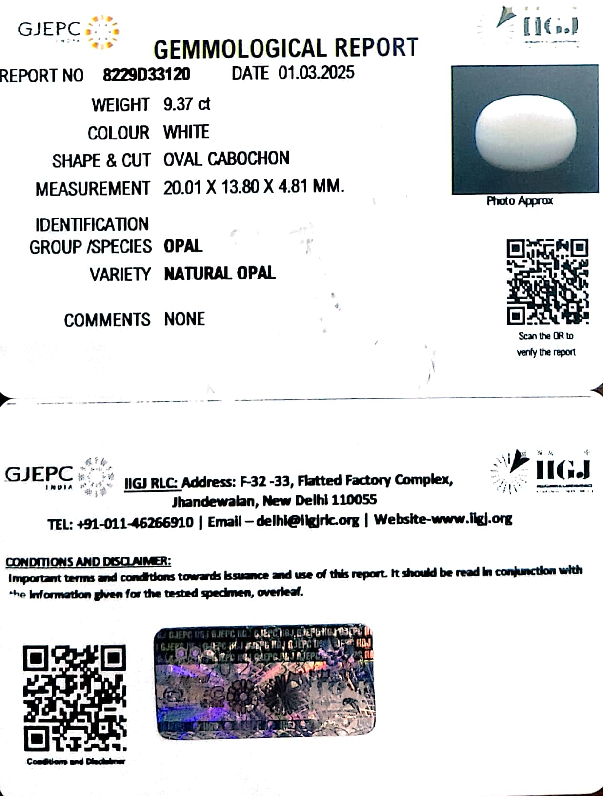 9.37/CT Natural Opal with Govt. Lab Certificate