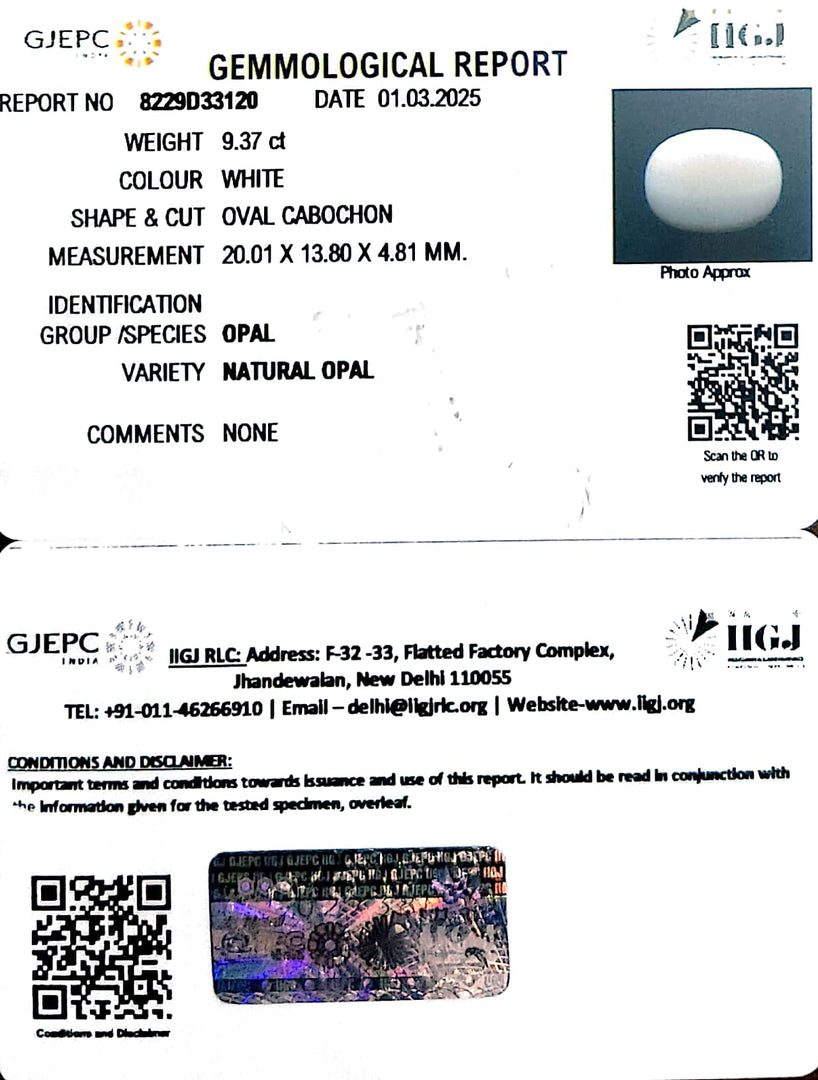 9.37/CT Natural Opal with Govt. Lab Certificate