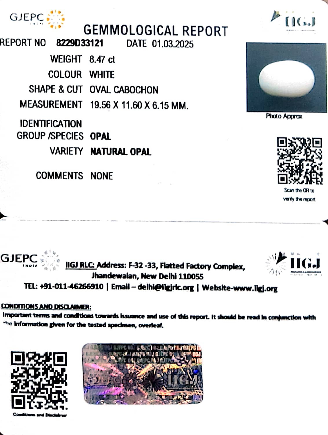 8.47/CT Natural Opal with Govt. Lab Certificate