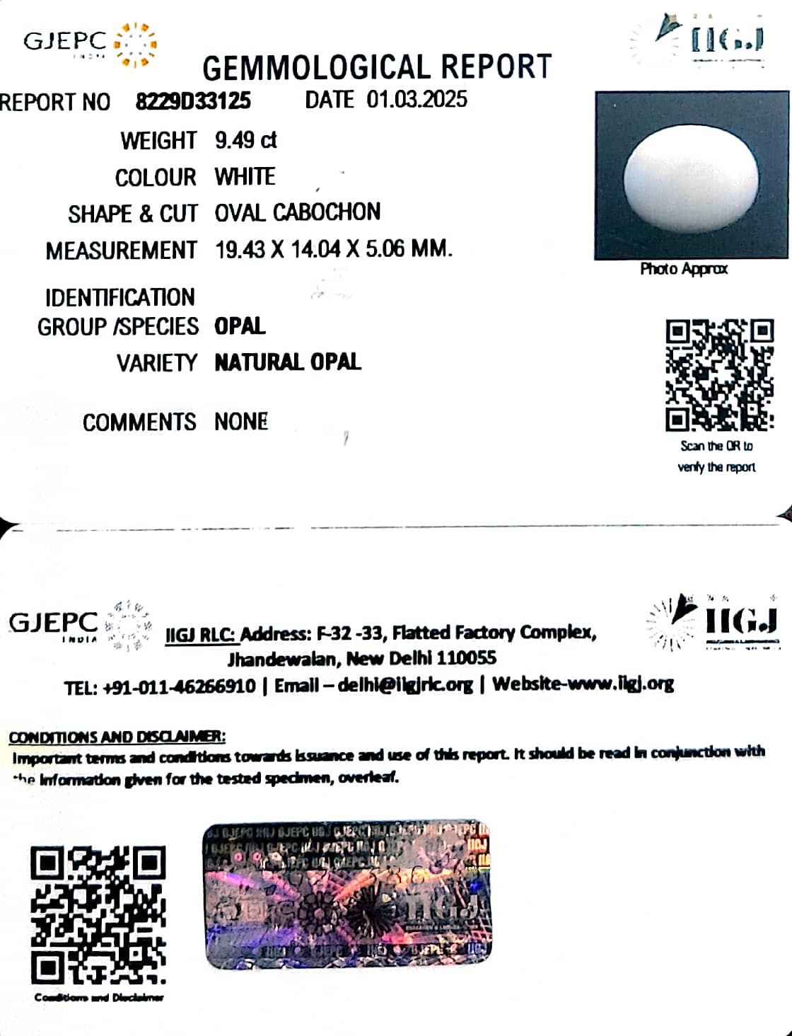9.49/CT Natural Opal oval shape with Govt. Lab Certificate
