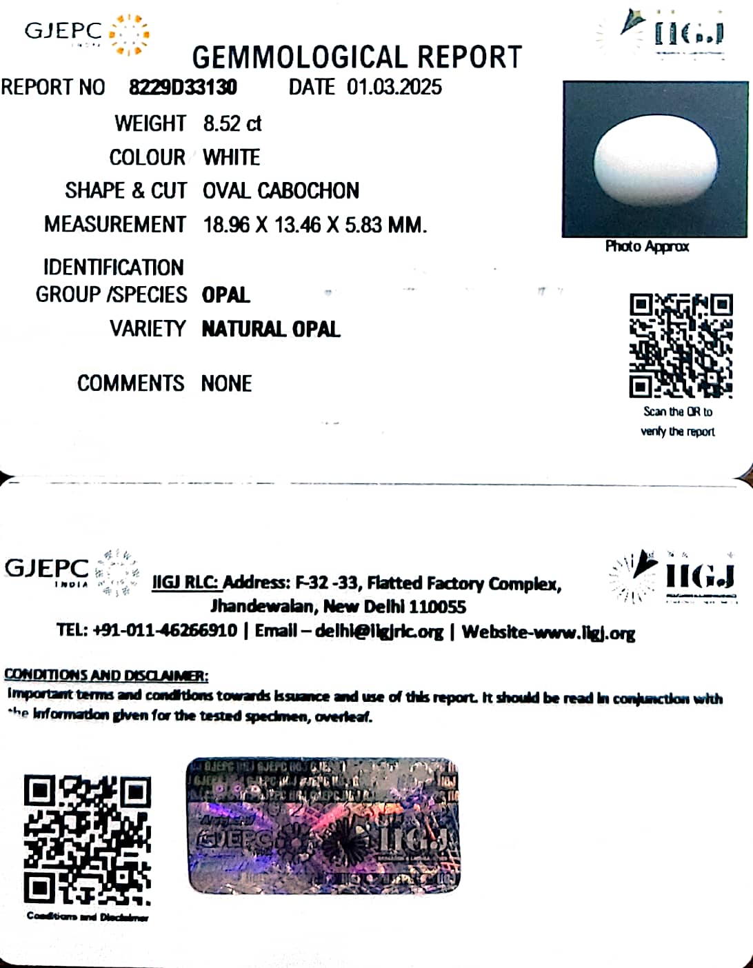 8.52/CT Natural Opal with Govt. Lab Certificate