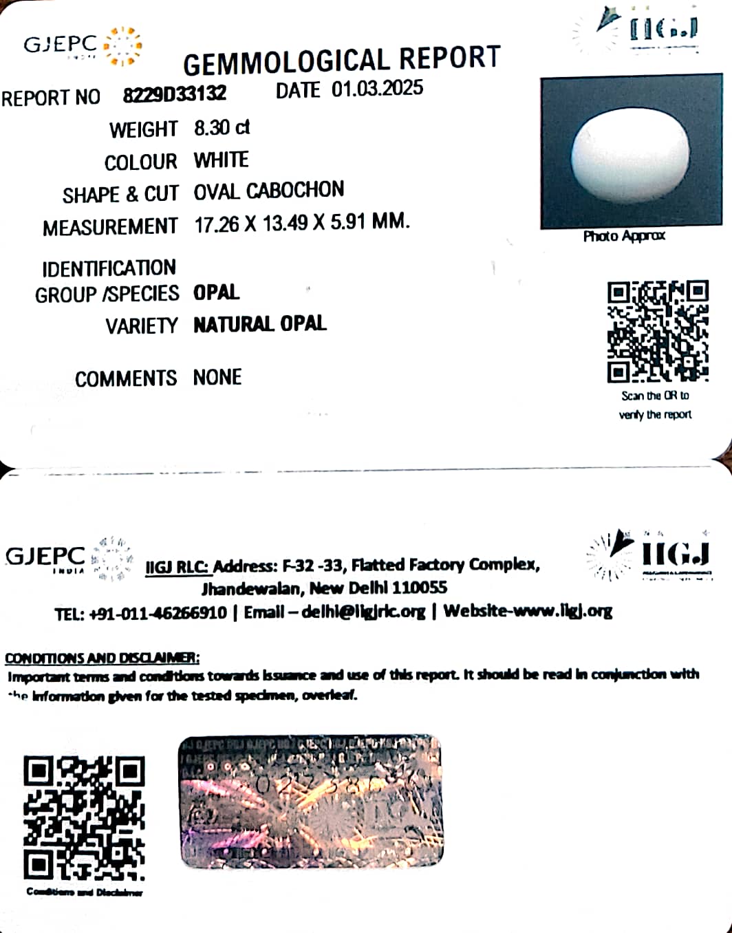 8.30/CT Natural Opal with Govt. Lab Certificate