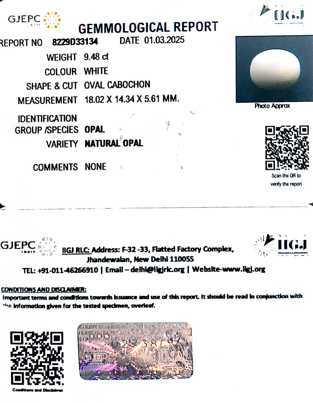 9.48/CT Natural Opal with Govt. Lab Certificate-8229D33134