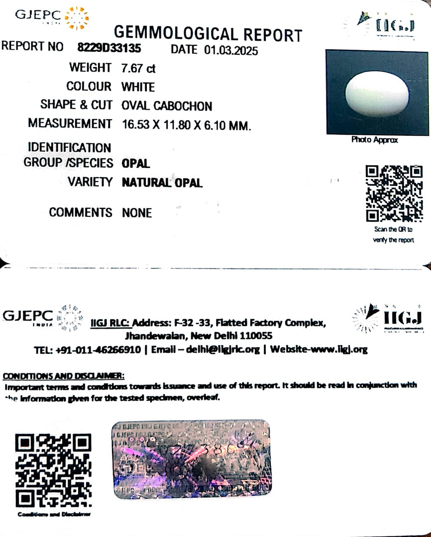 7.67/CT Natural Opal with Govt. Lab Certificate