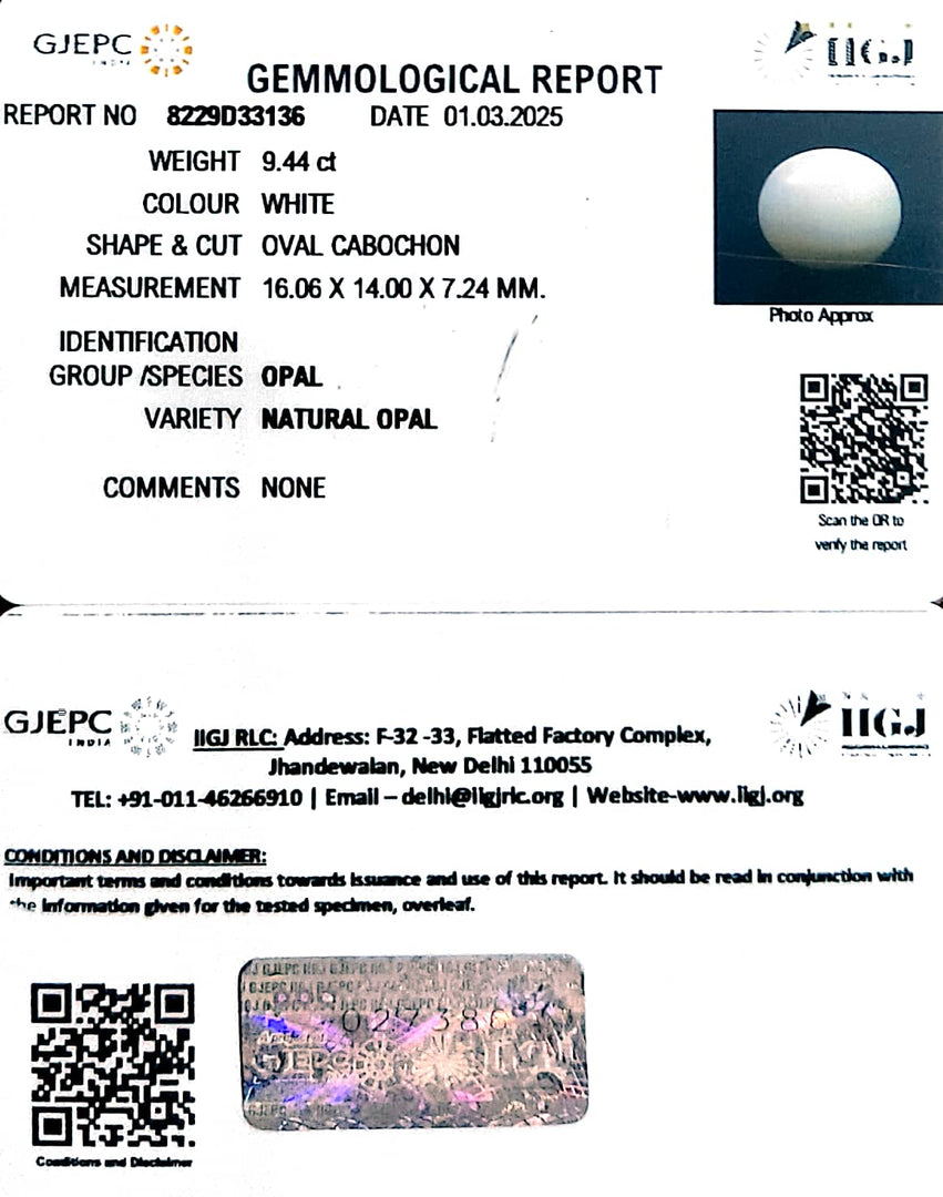 9.44/CT Natural Opal with Govt. Lab Certificate
