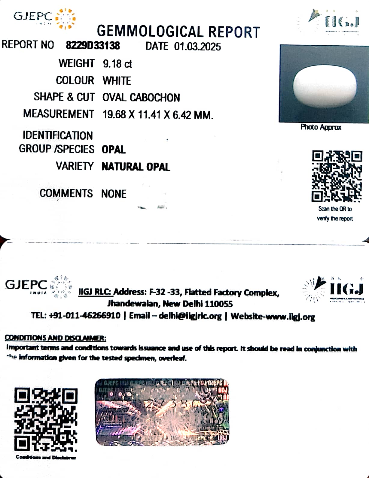 9.18/CT Natural Opal with Govt. Lab Certificate