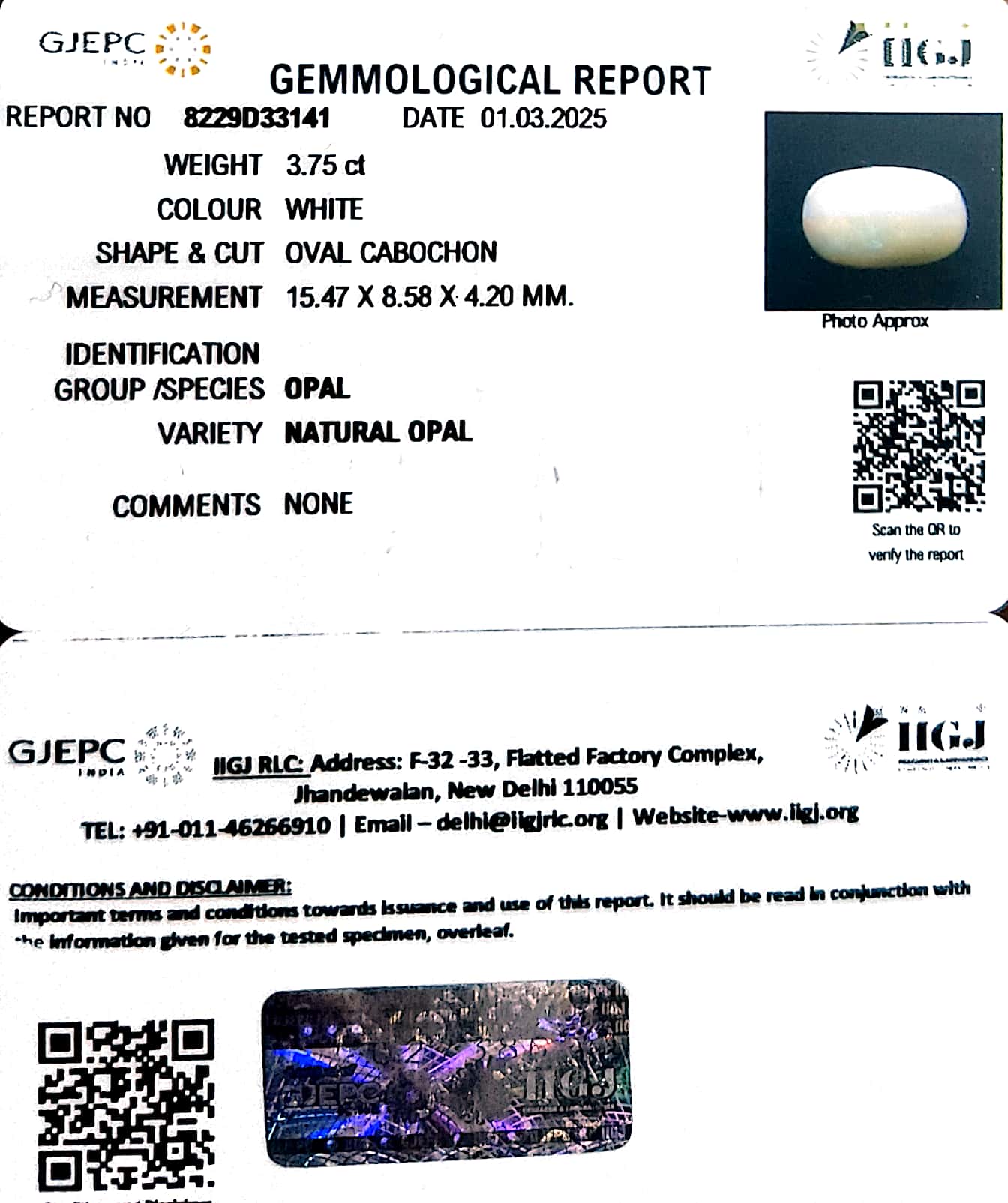3.75/CT Natural Opal with Govt. Lab Certificate-8229D33141