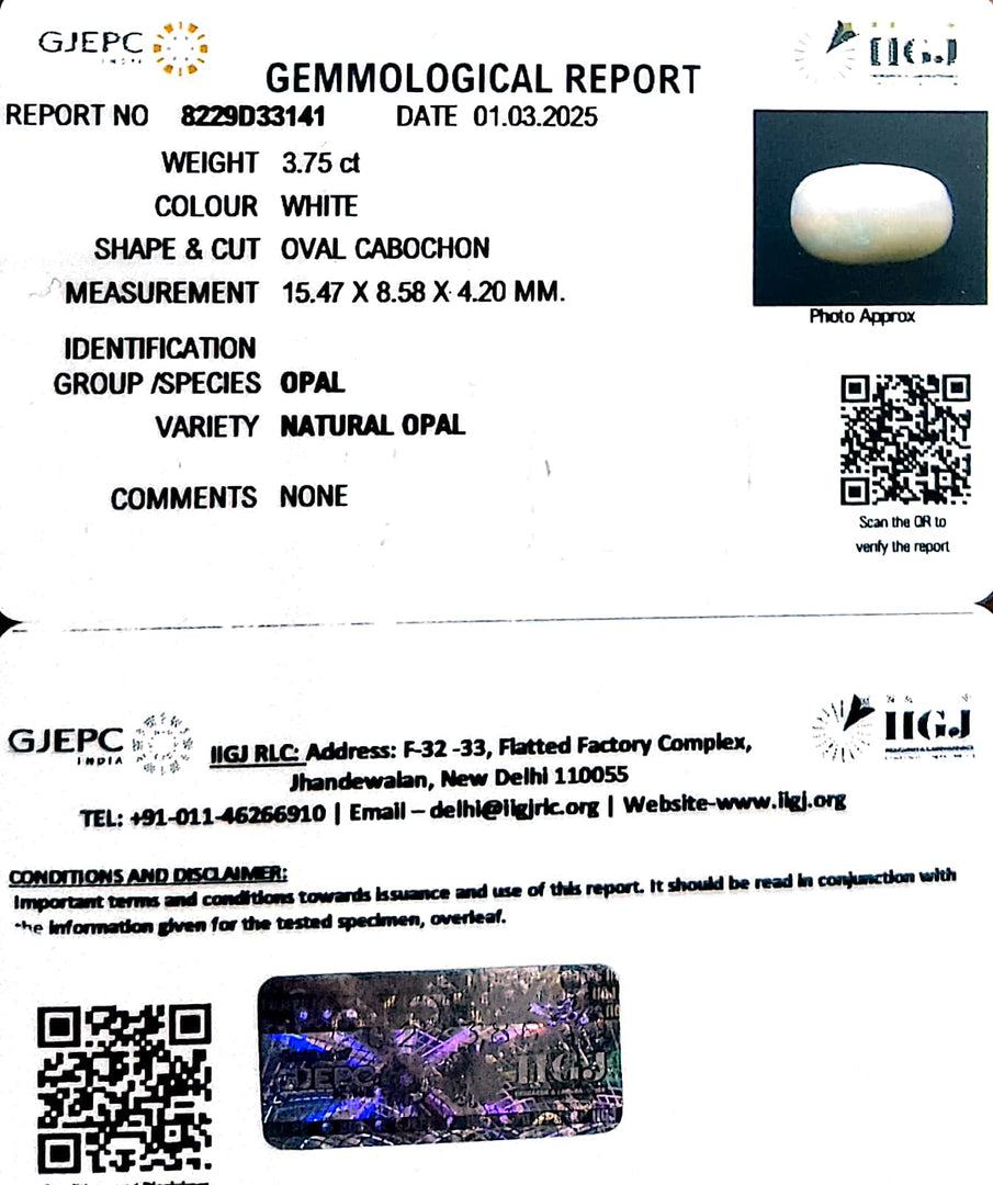 3.75/CT Natural Opal with Govt. Lab Certificate