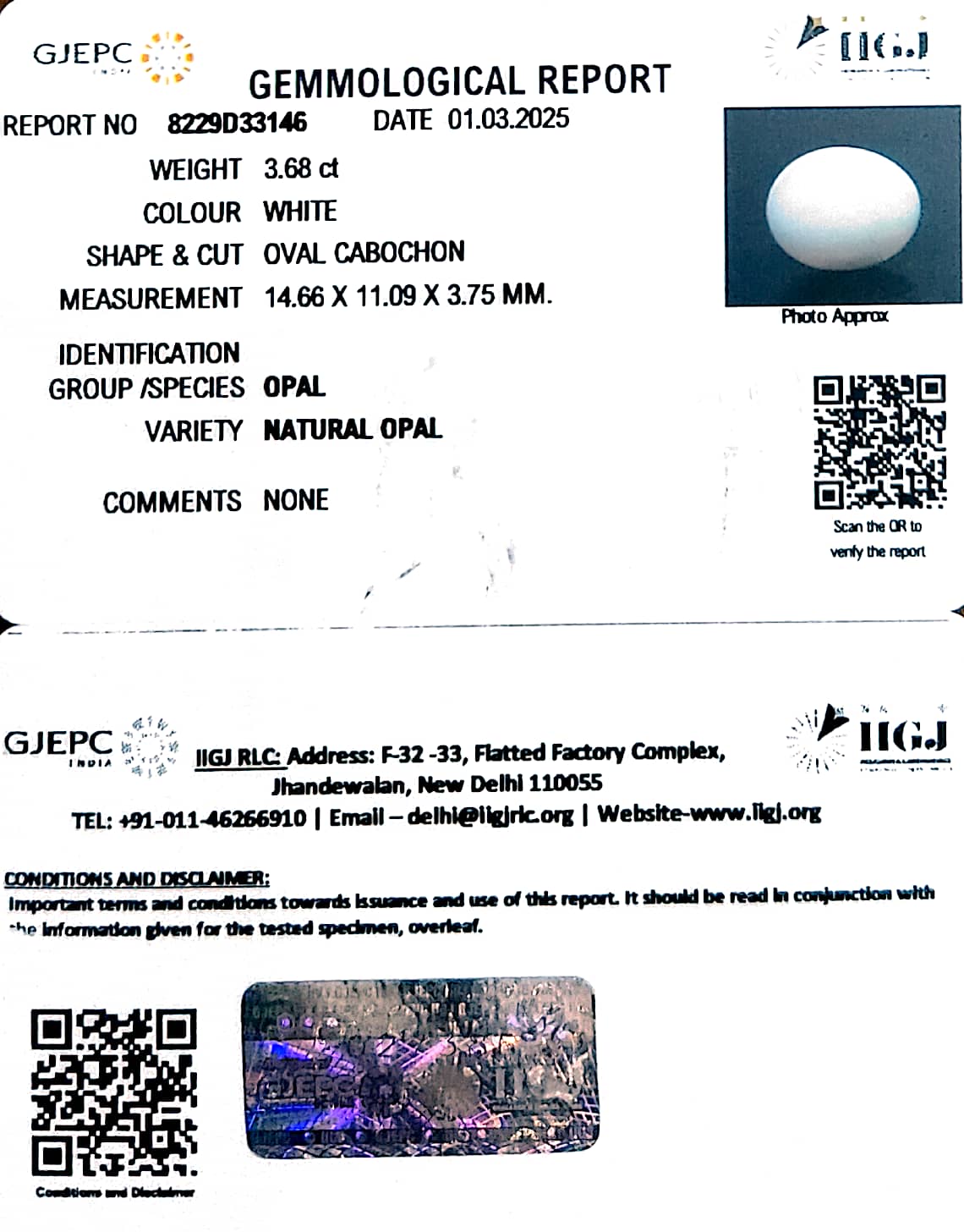 3.68/CT Natural Opal with Govt. Lab Certificate-8229D33146