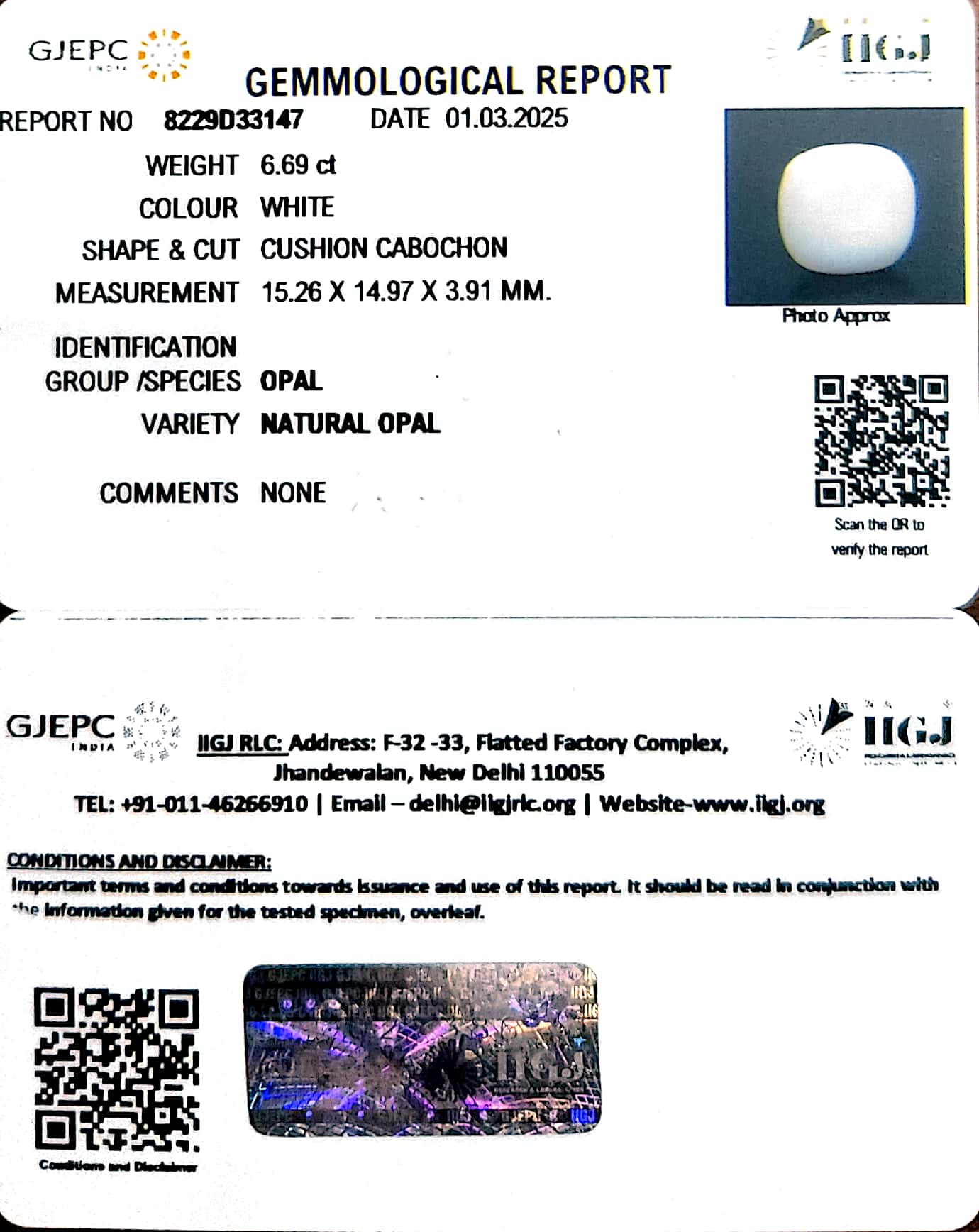 6.69/CT Natural Opal with Govt. Lab Certificate