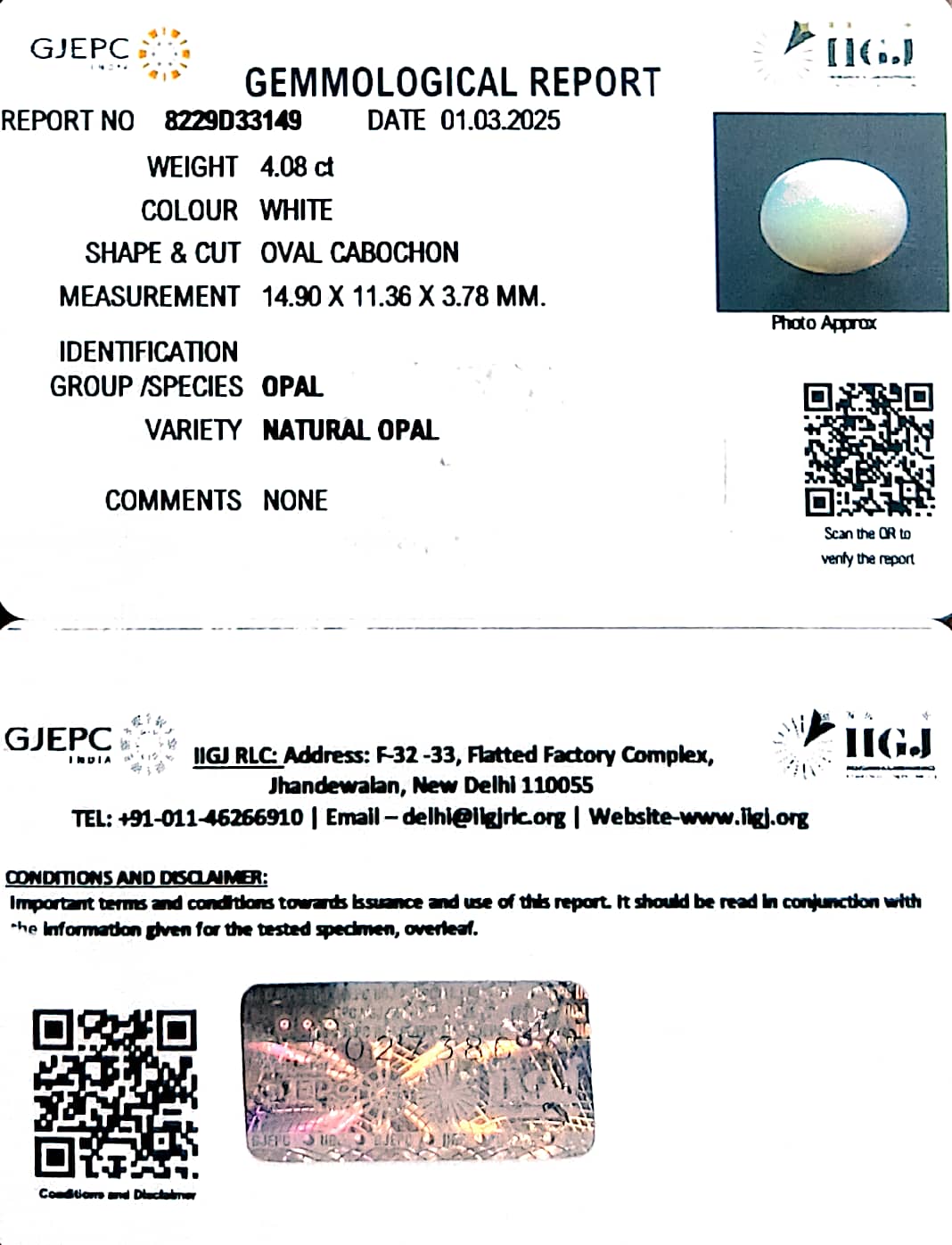4.08/CT Natural Opal Gemstone with Govt. Lab Certificate