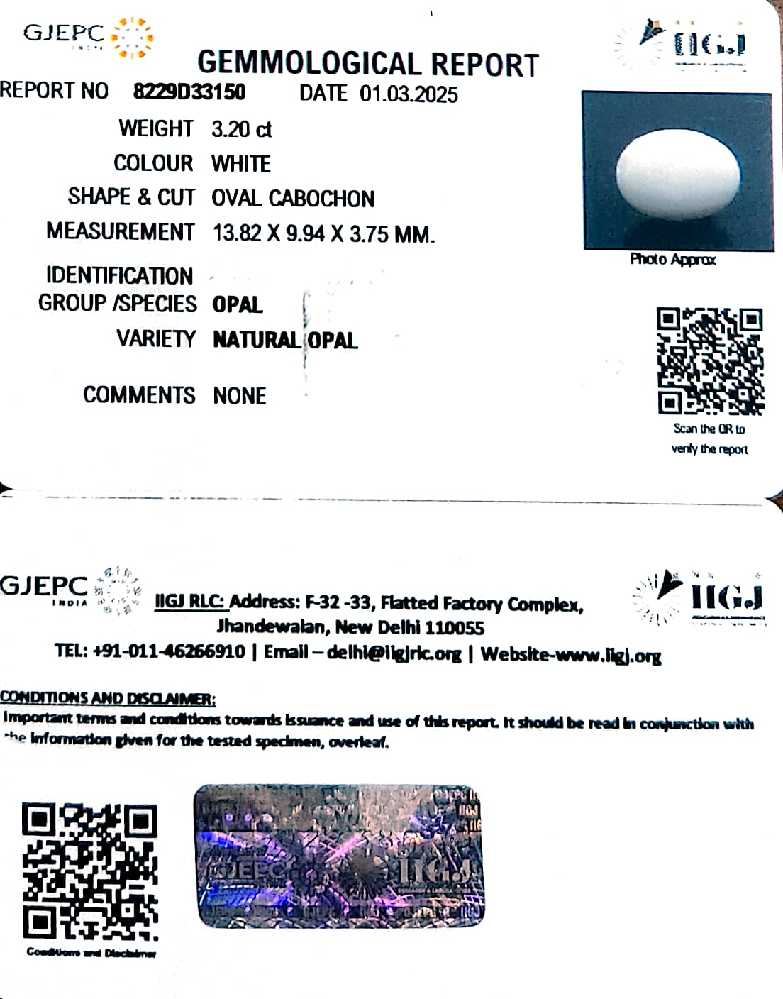 3.20/CT Natural Opal with Govt. Lab Certificate