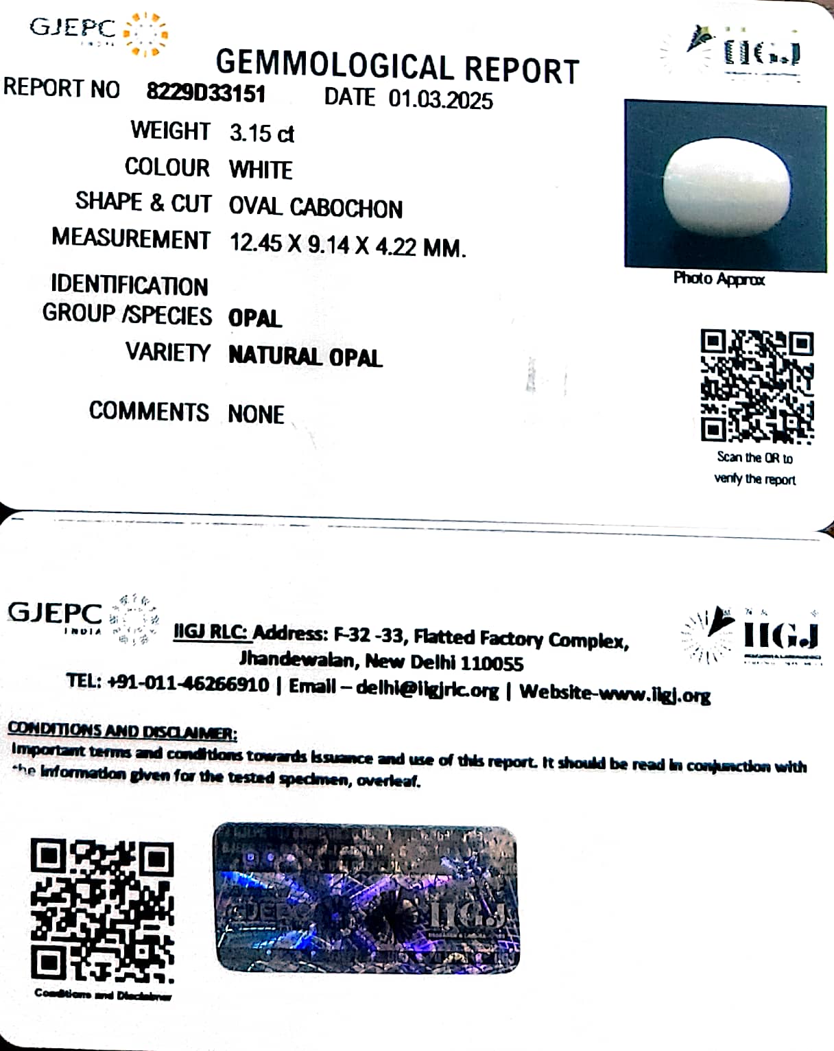 3.15/CT Natural Opal with Govt. Lab Certificate