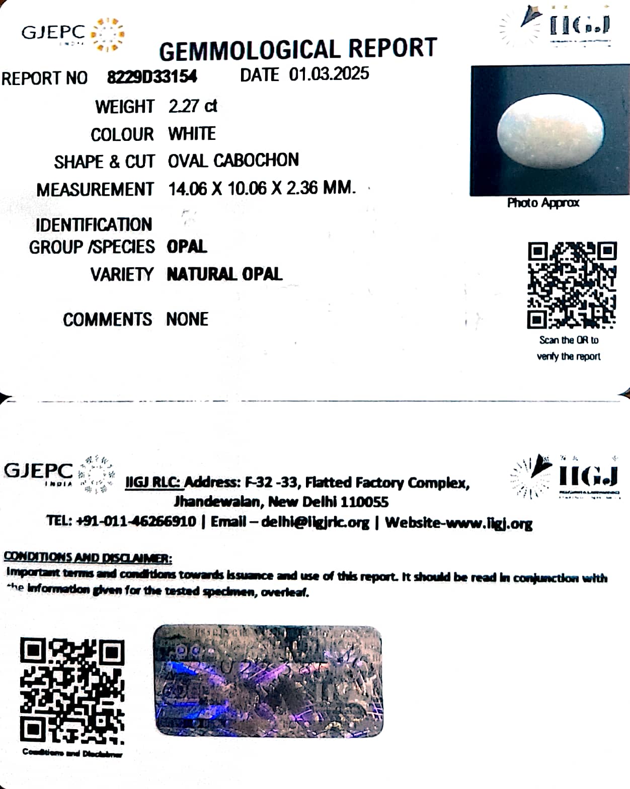 2.27/CT Natural Opal with Govt. Lab Certificate