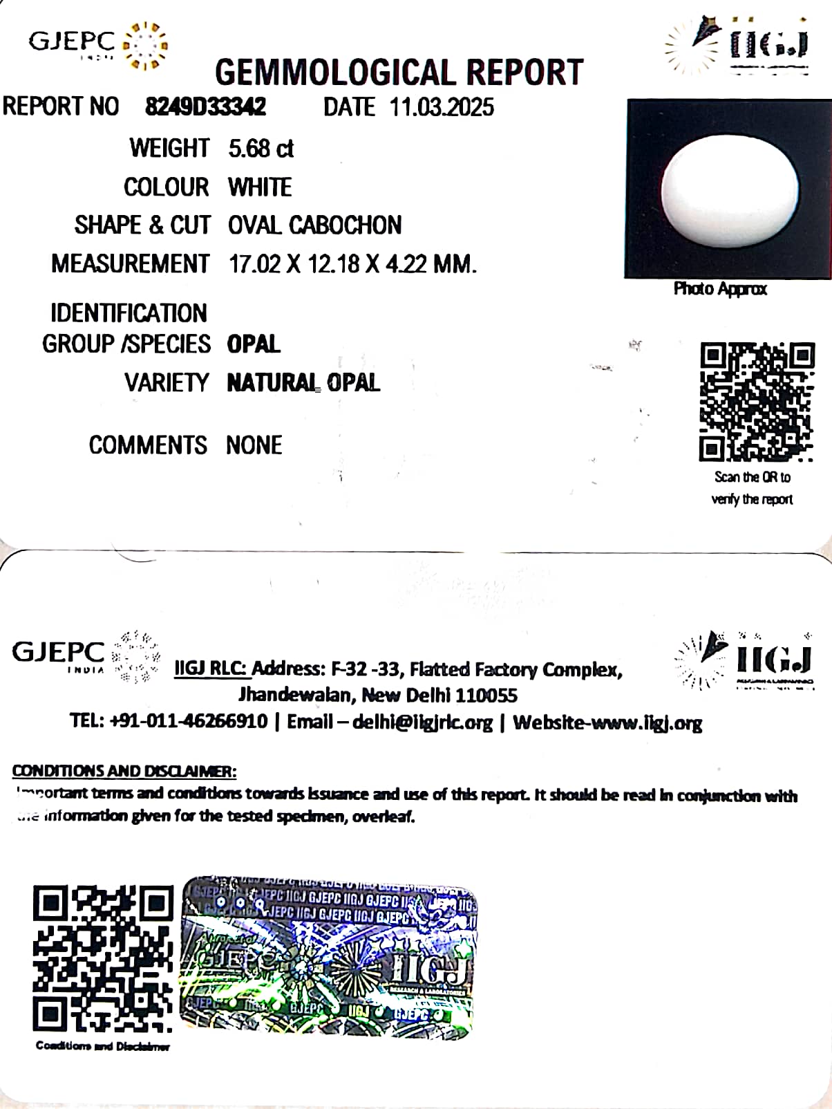 5.68/CT Natural Opal with Govt. Lab Certificate-8249D33342
